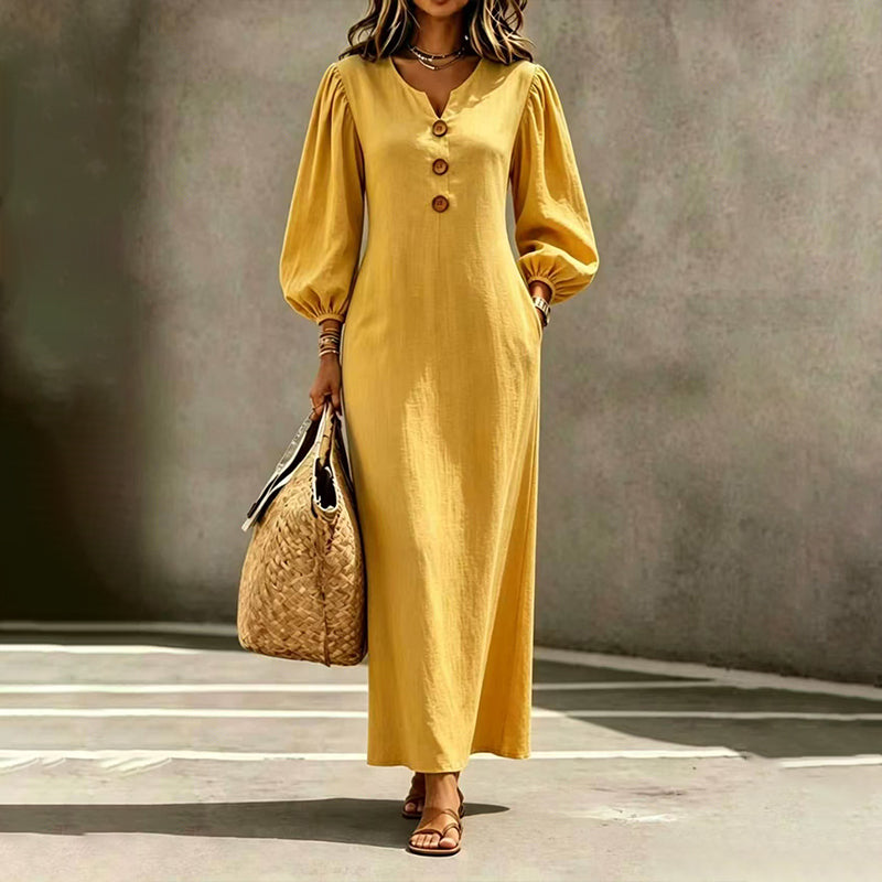 Robe maxi femme à col V et manches bouffantes
