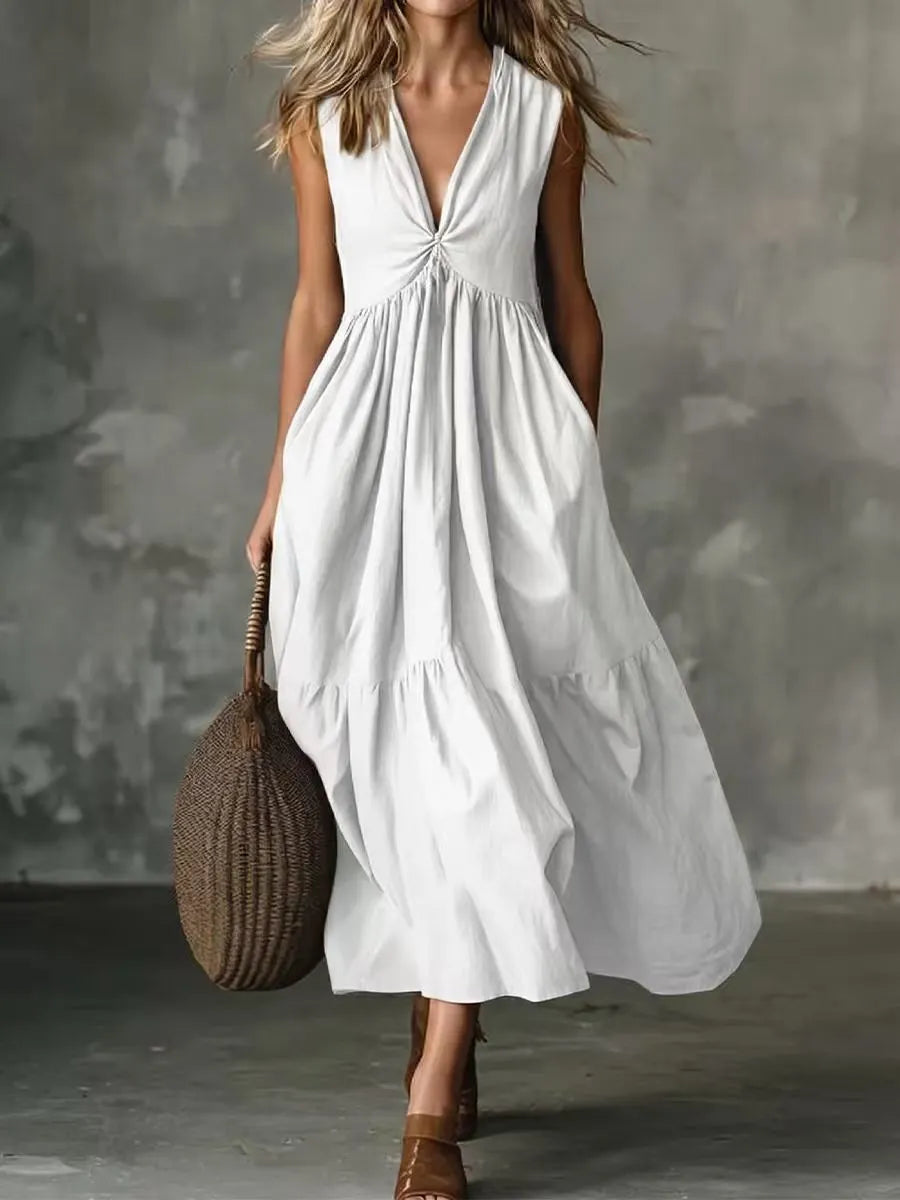 Robe midi femme sans manches à col V avec poches