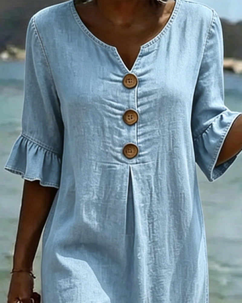 Robe Femme Denim Fluide Manches Volantées Élégante Été