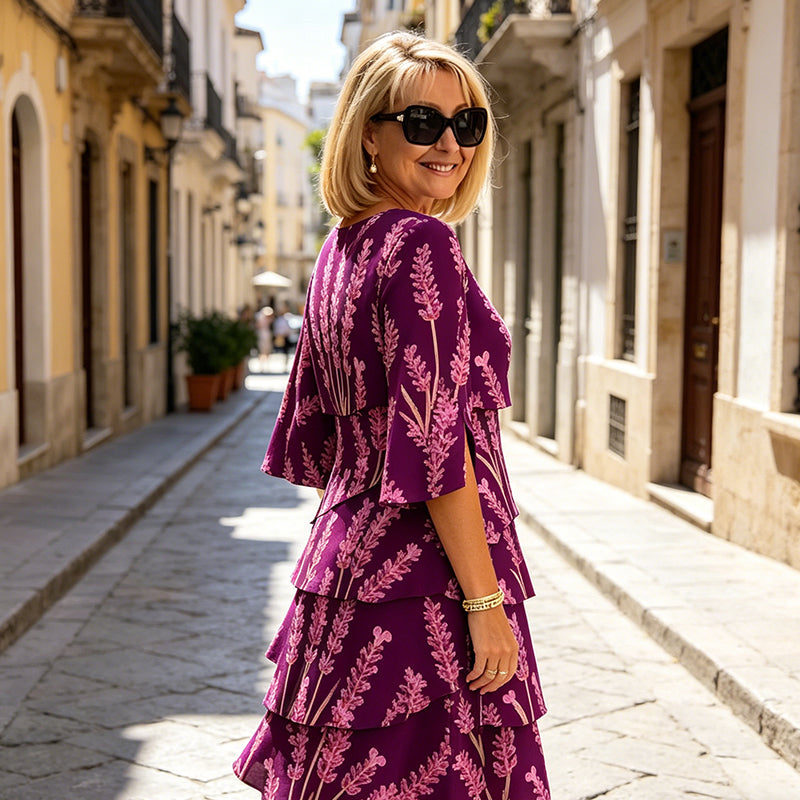 Robe Mi-Longue Femme Imprimé Lavande Volants Superposés Manches Fendues