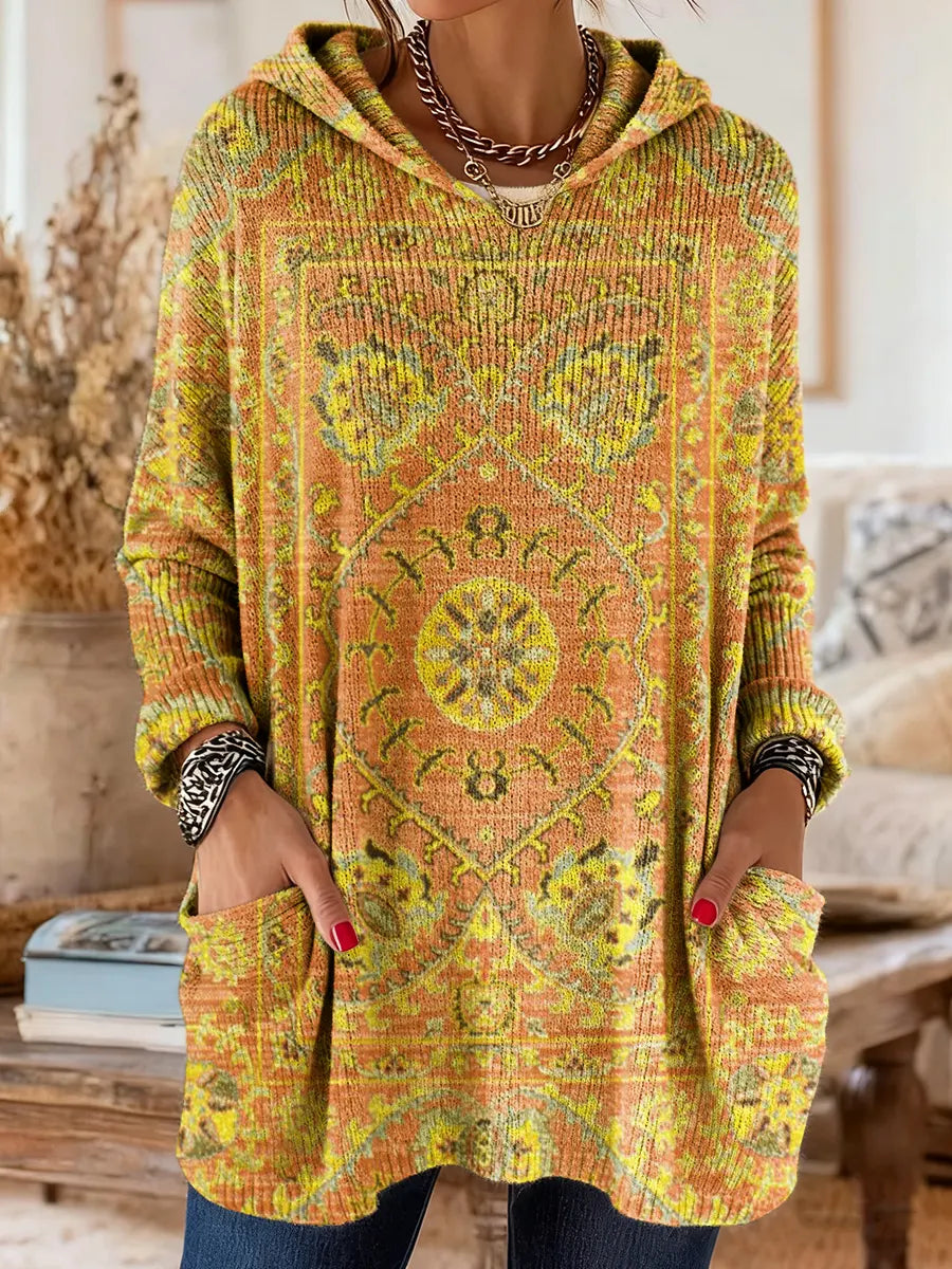 Tunique Femme Tricot à Capuche Style Rétro Ample Confortable Avec Poches