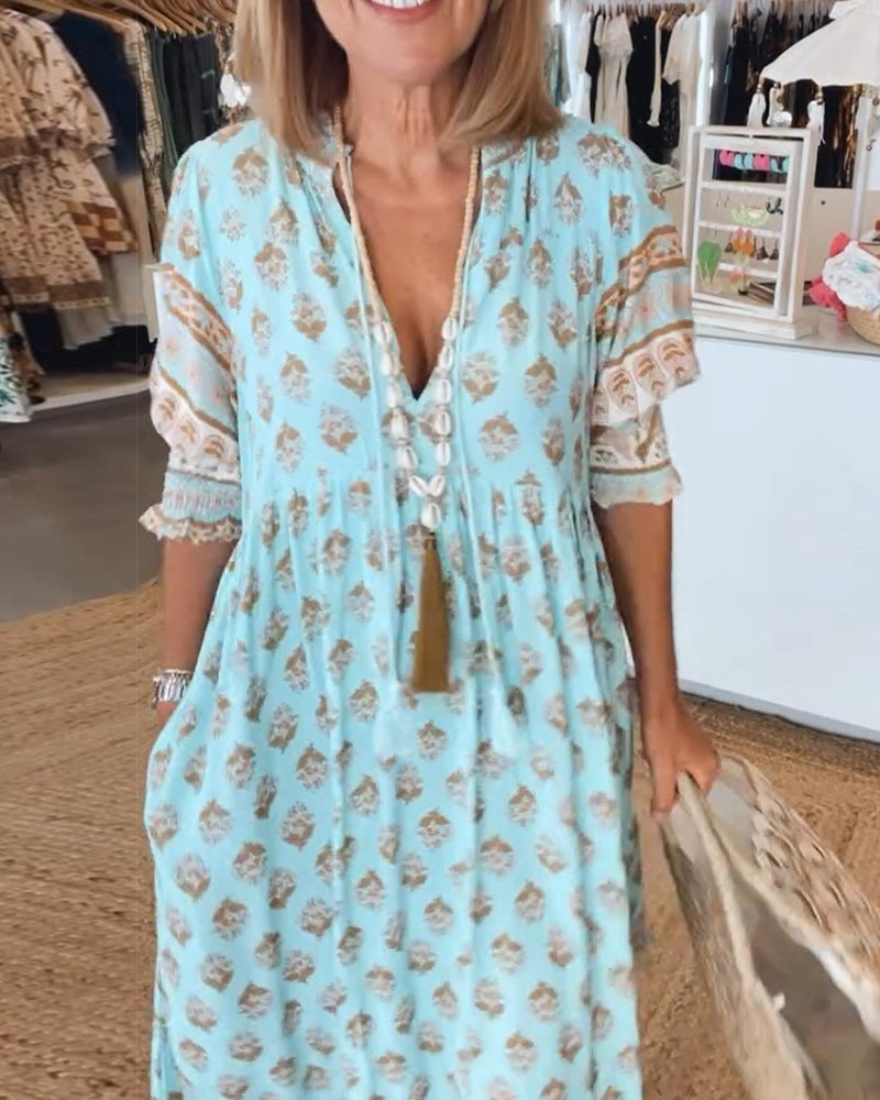 Robe femme midi fluide imprimée col V manches lanterne ample décontractée