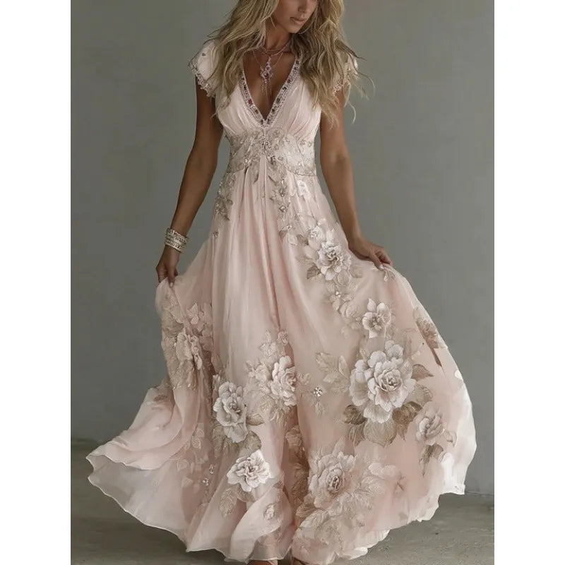 Robe longue femme en chiffon avec broderies florales