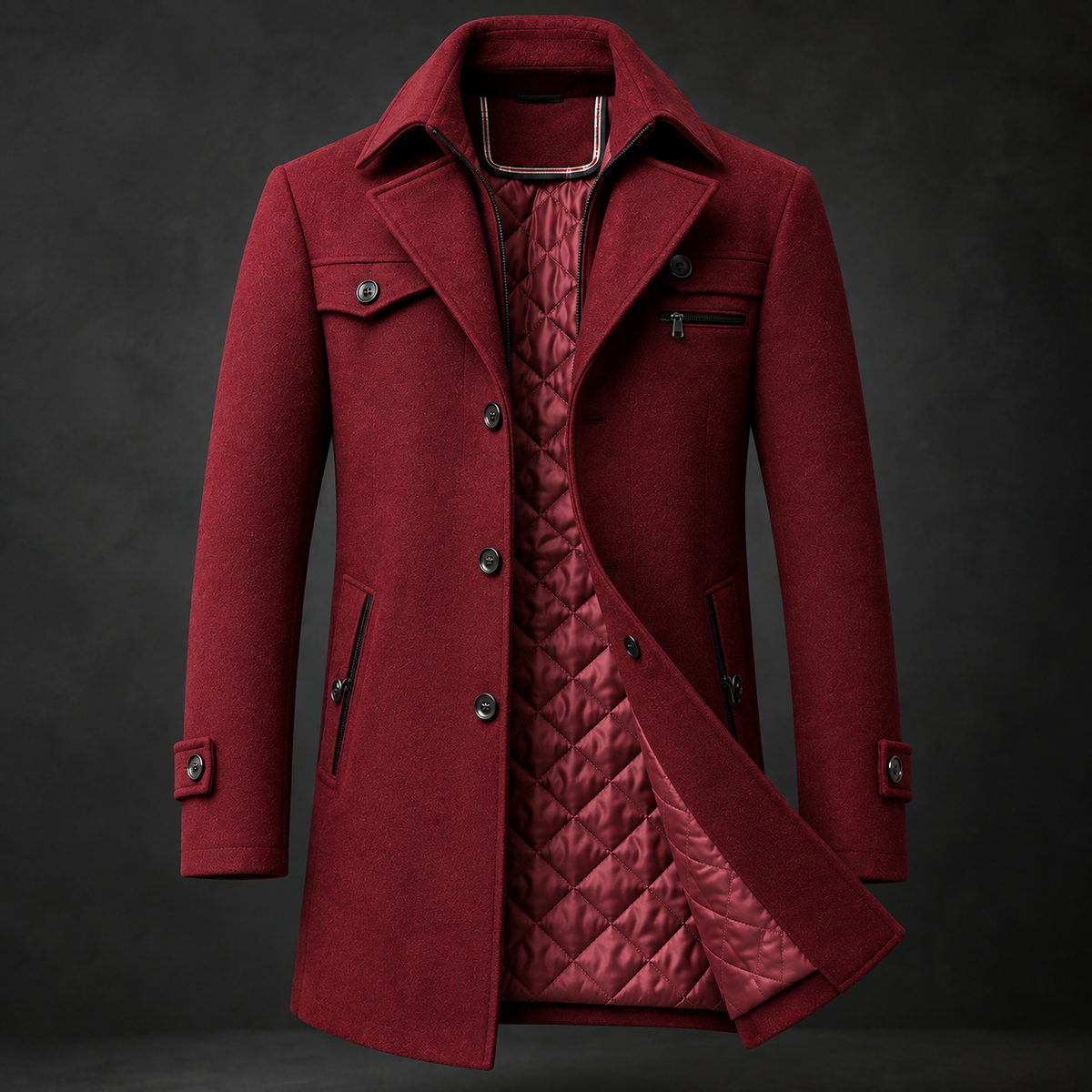 Manteau homme en laine à col montant et doublure matelassée