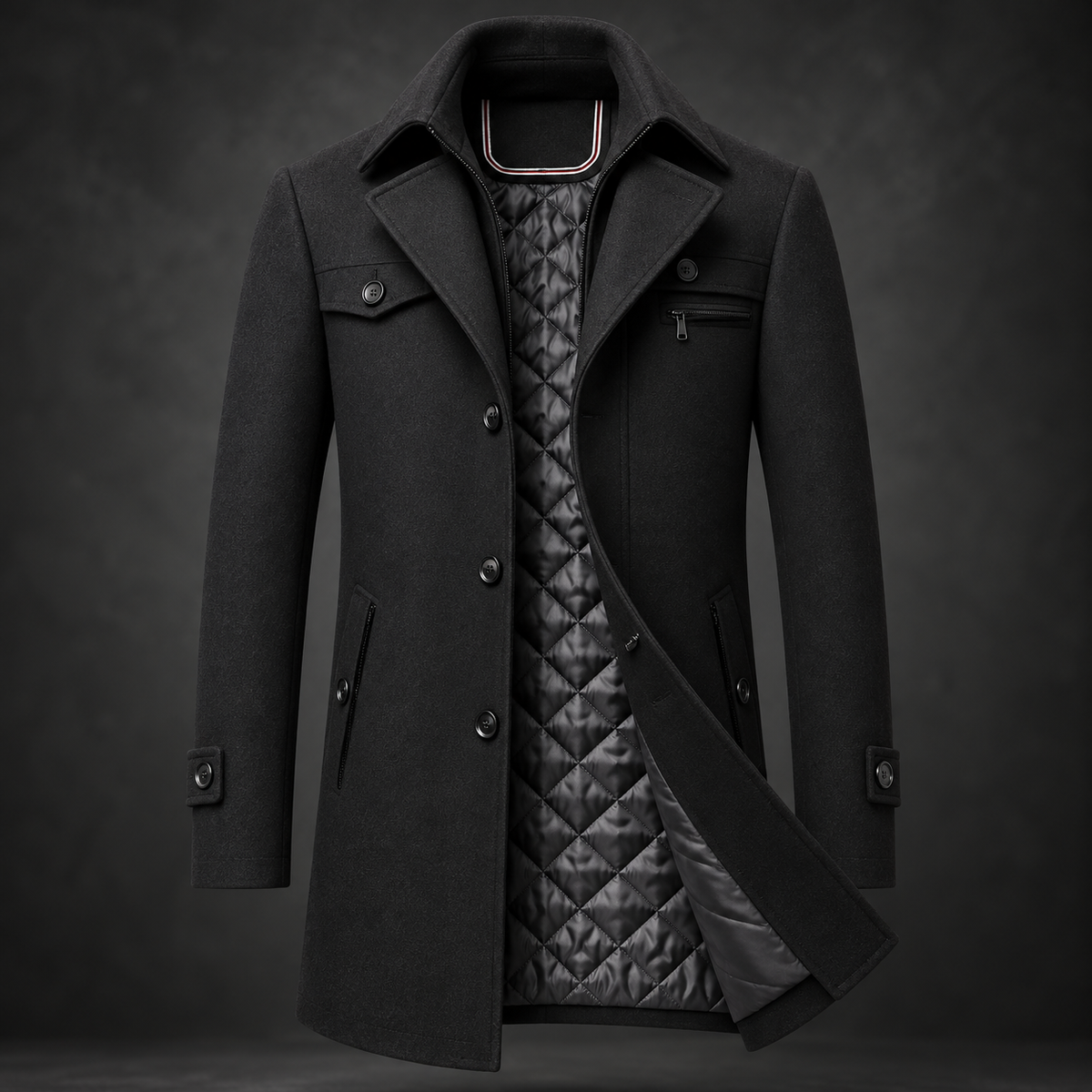 Manteau homme en laine à col montant et doublure matelassée