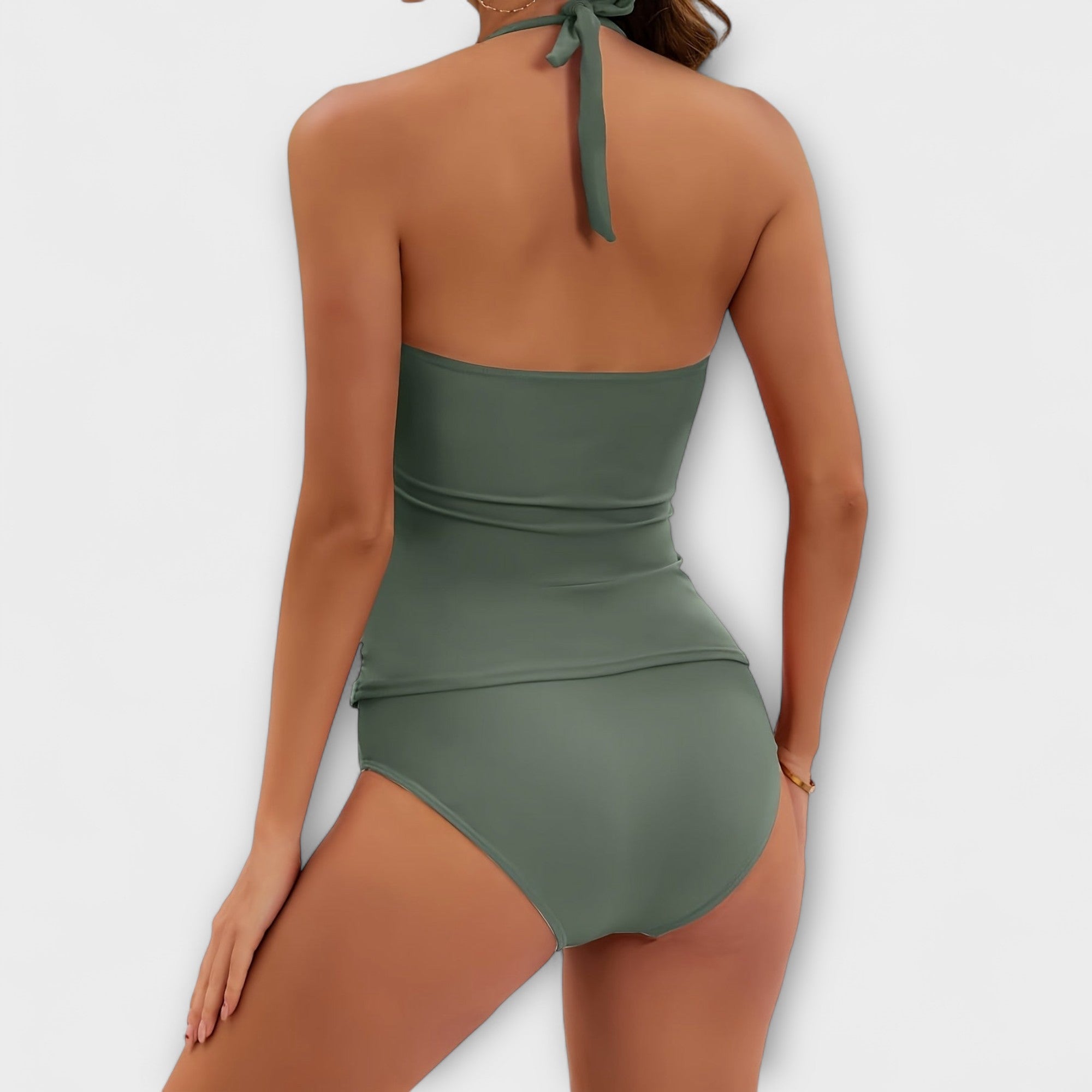 Maillot de Bain Une Pièce Femme Halter Col V Froncé Détails Dorés