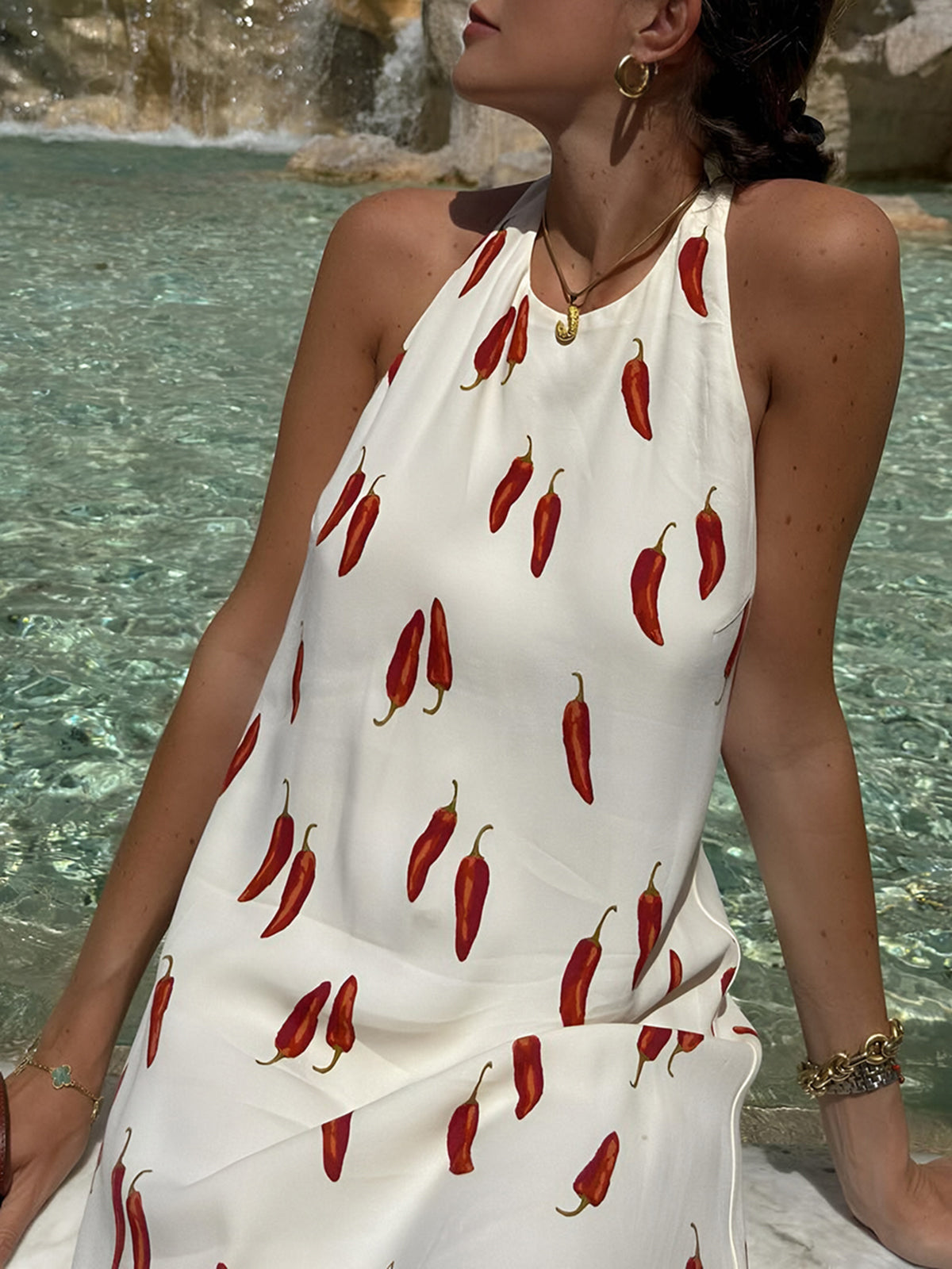 Robe Mini Imprimée Sans Manches Col Halter Coupe Fluide Pour Été
