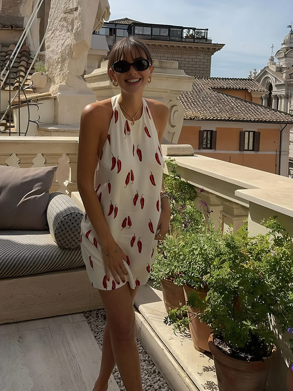 Robe Mini Imprimée Sans Manches Col Halter Coupe Fluide Pour Été