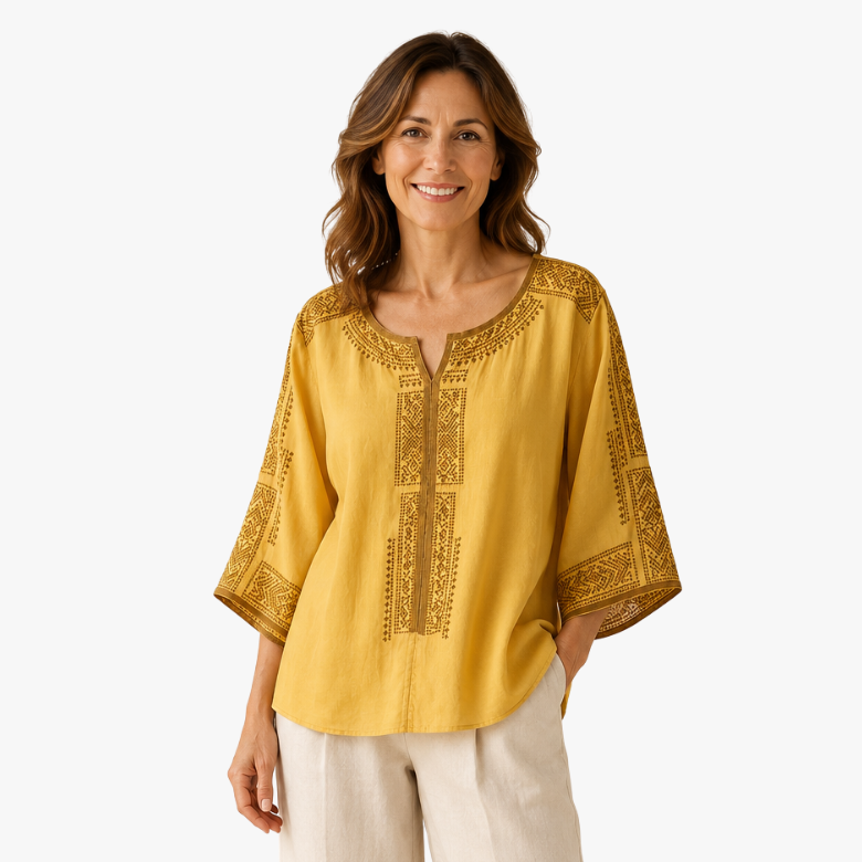 Blouse femme brodée en coton et lin manches trois-quarts