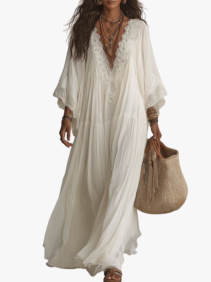 Robe maxi femme bohème fluide avec dentelle raffinée