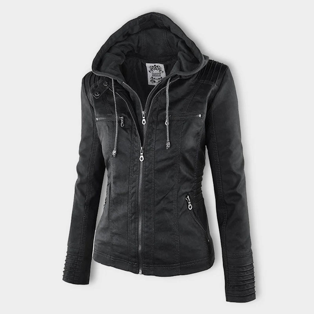 Veste femme en similicuir à capuche et fermeture zippée