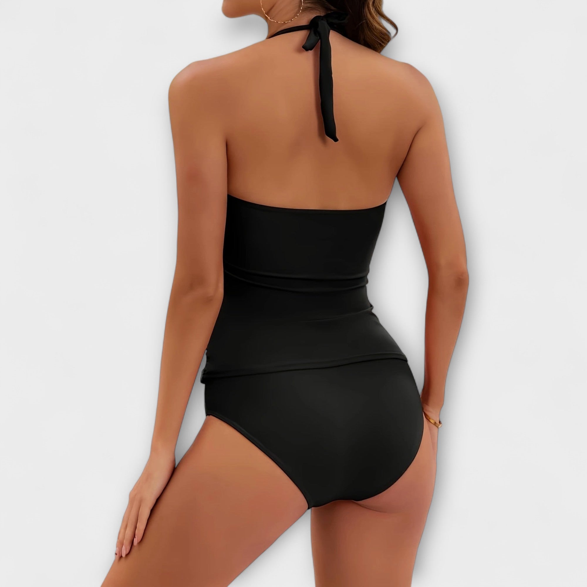Maillot de Bain Une Pièce Femme Halter Col V Froncé Détails Dorés