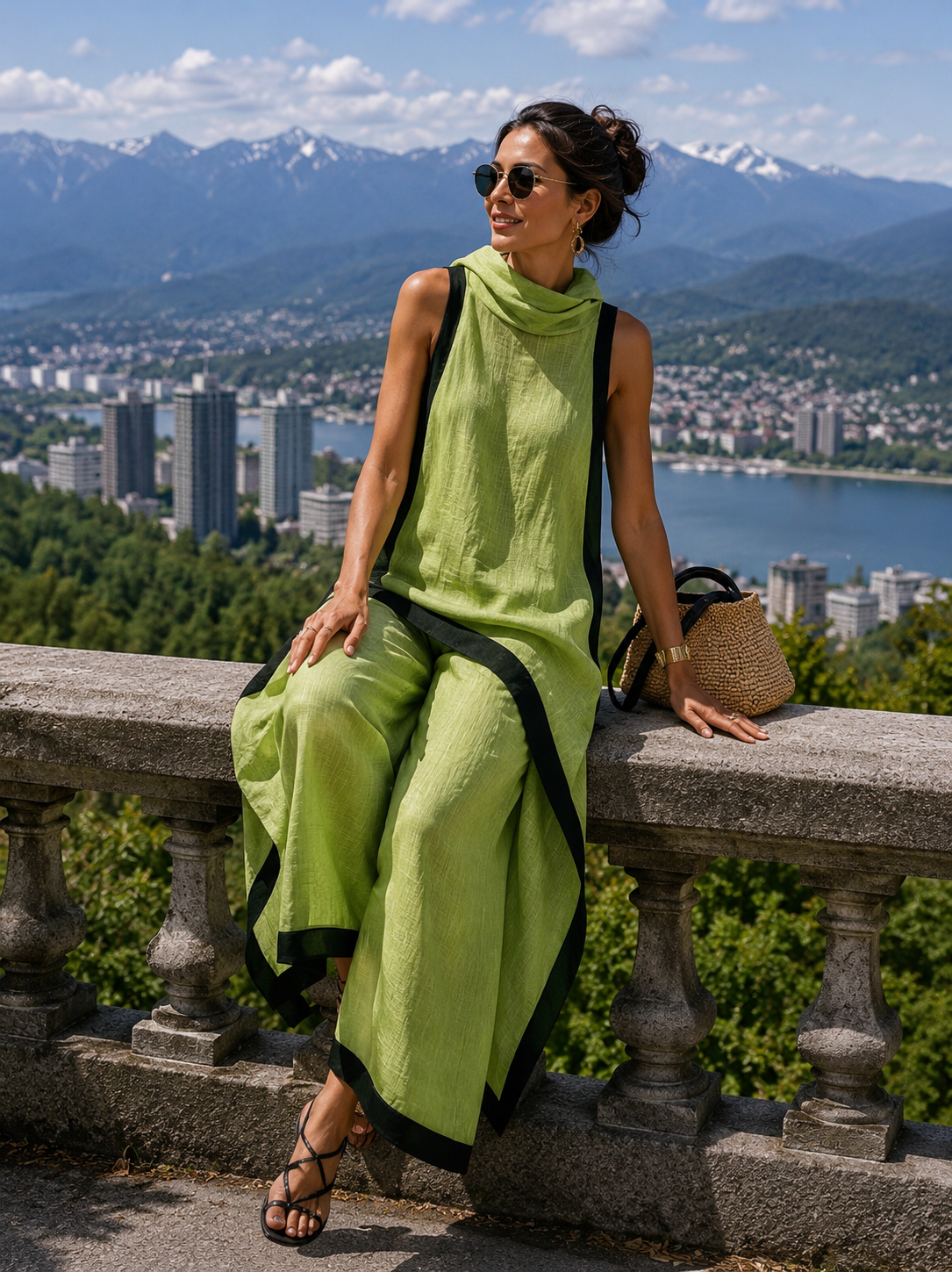 Tenue femme en lin et coton avec tunique asymétrique et pantalon large