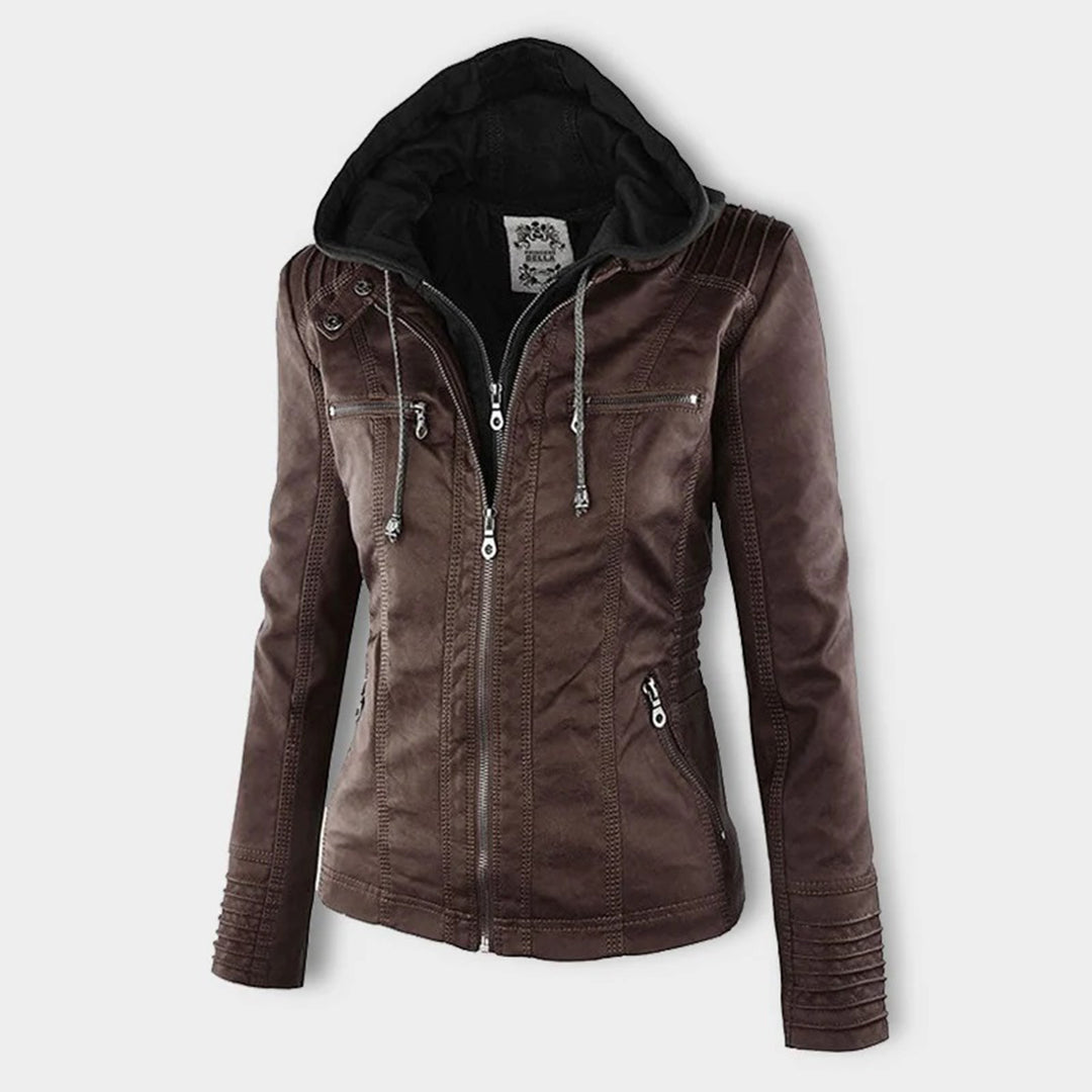 Veste femme en similicuir à capuche et fermeture zippée