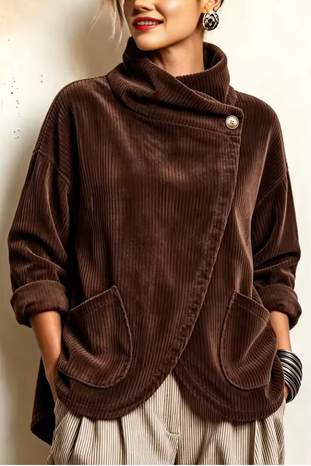 Pull femme en velours côtelé à col montant asymétrique