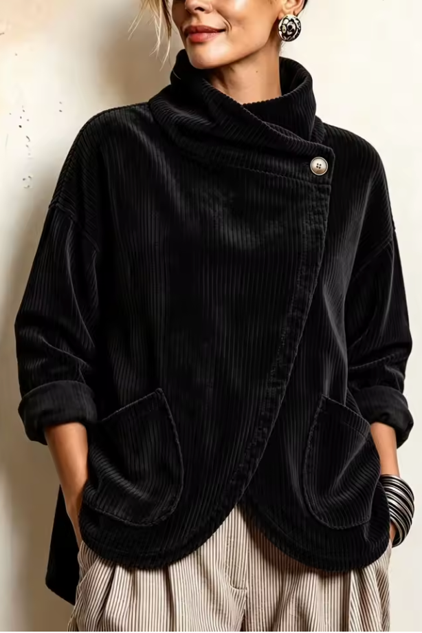 Pull femme en velours côtelé à col montant asymétrique
