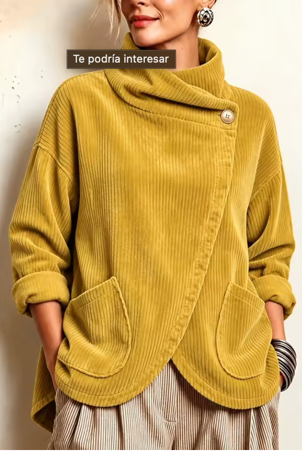 Pull femme en velours côtelé à col montant asymétrique