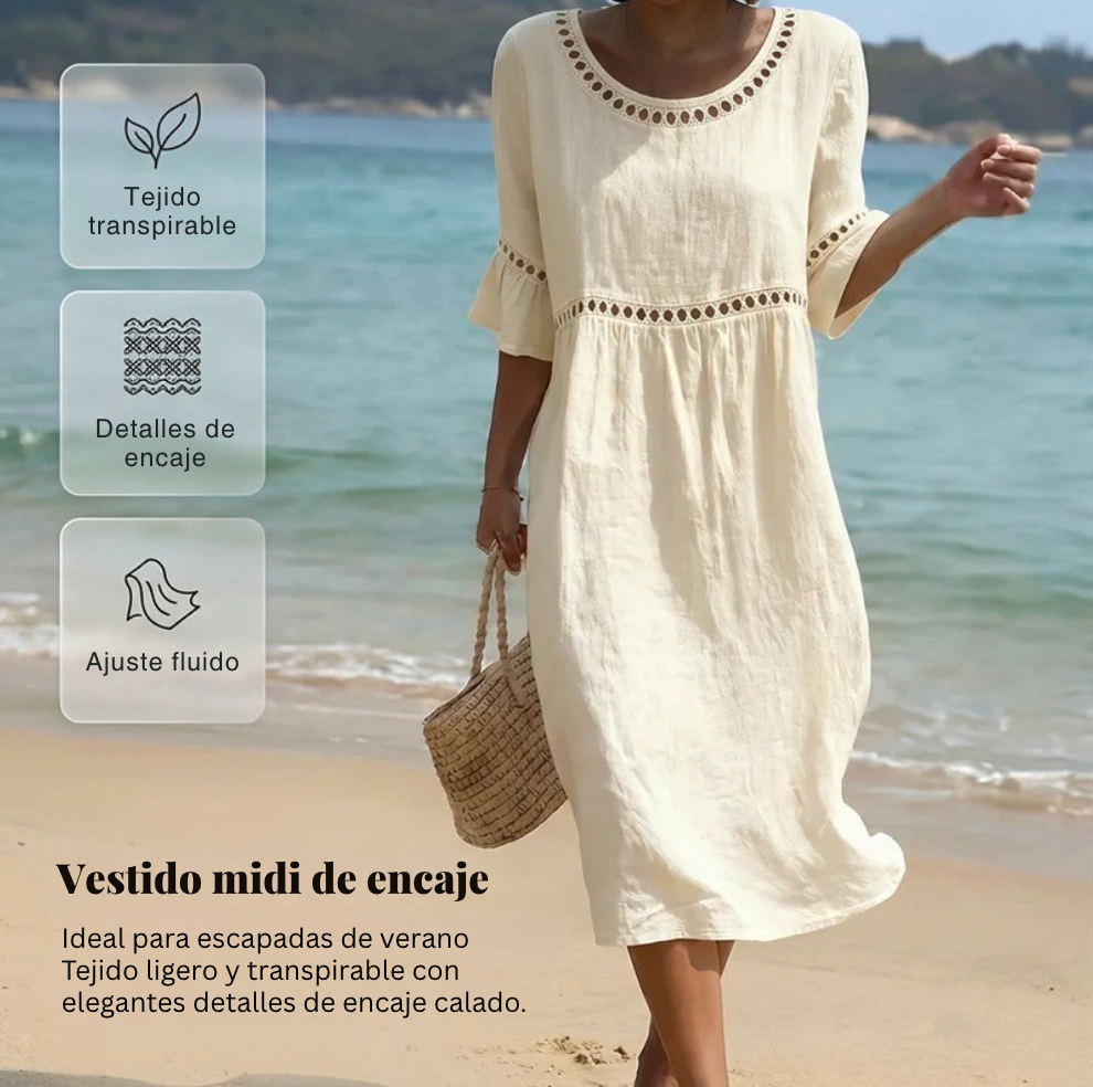 Robe Femme Mi-Longue Lin Col Rond Ajouré Manches Volants Coupe Empire