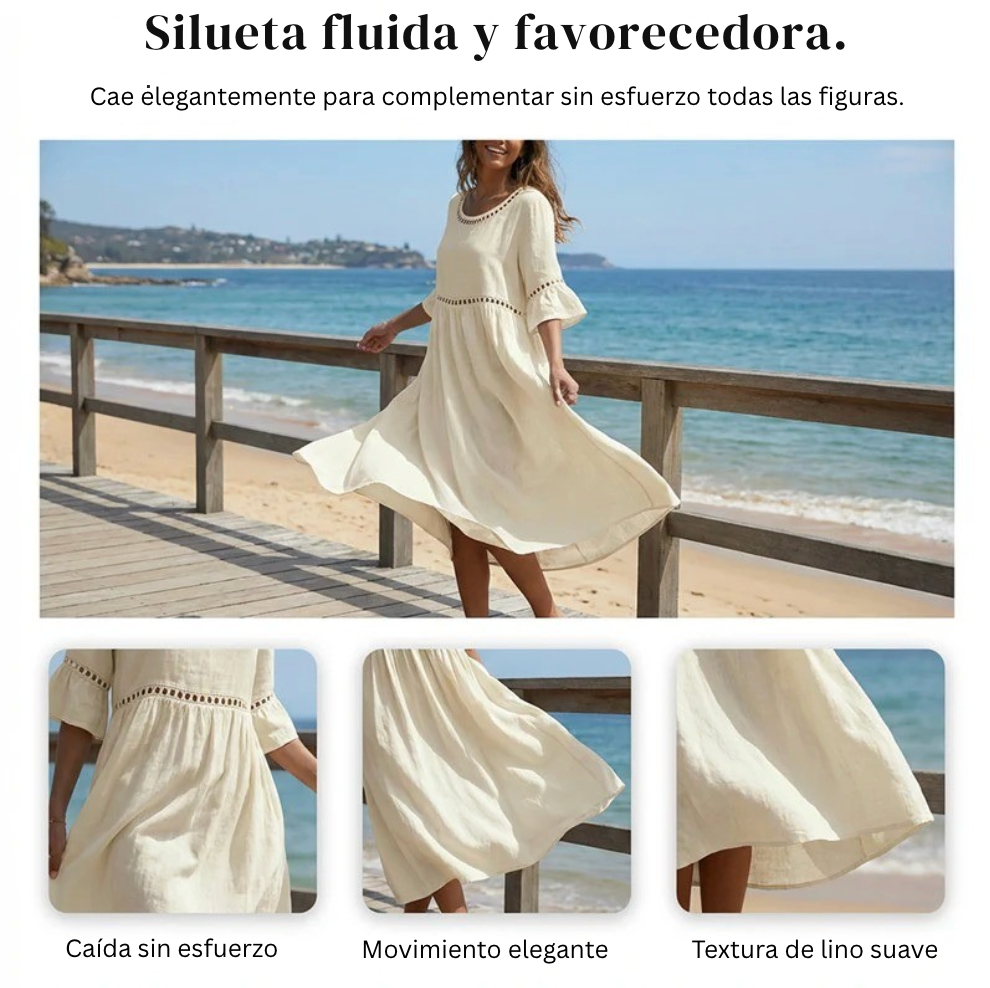 Robe Femme Mi-Longue Lin Col Rond Ajouré Manches Volants Coupe Empire