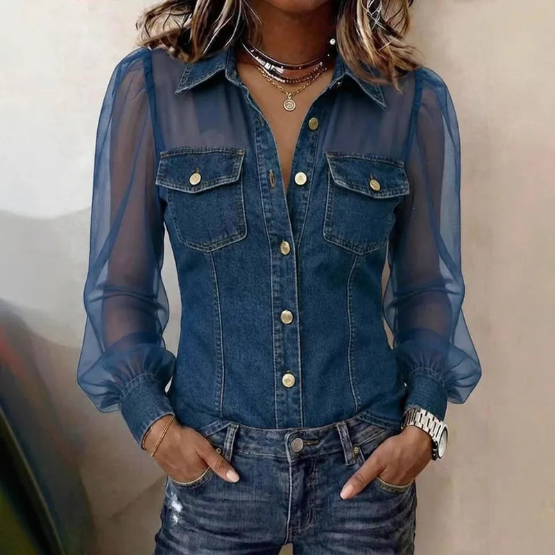 Chemise femme en denim avec manches transparentes