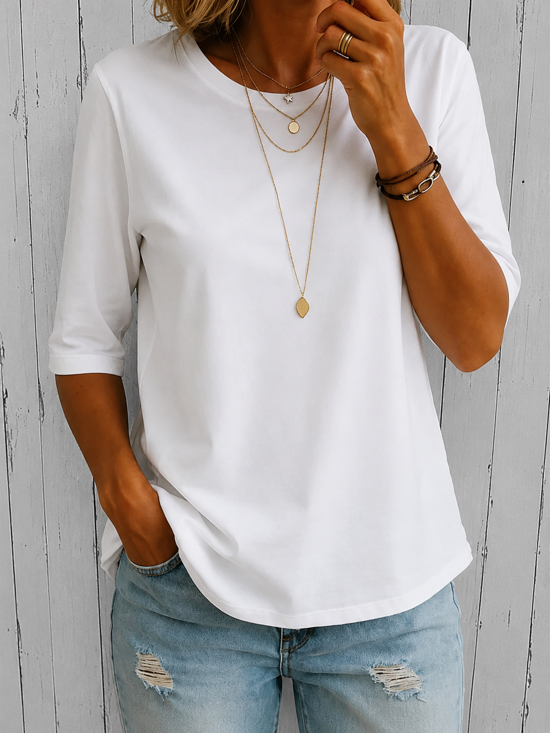 T-shirt femme uni à col rond manches trois-quarts