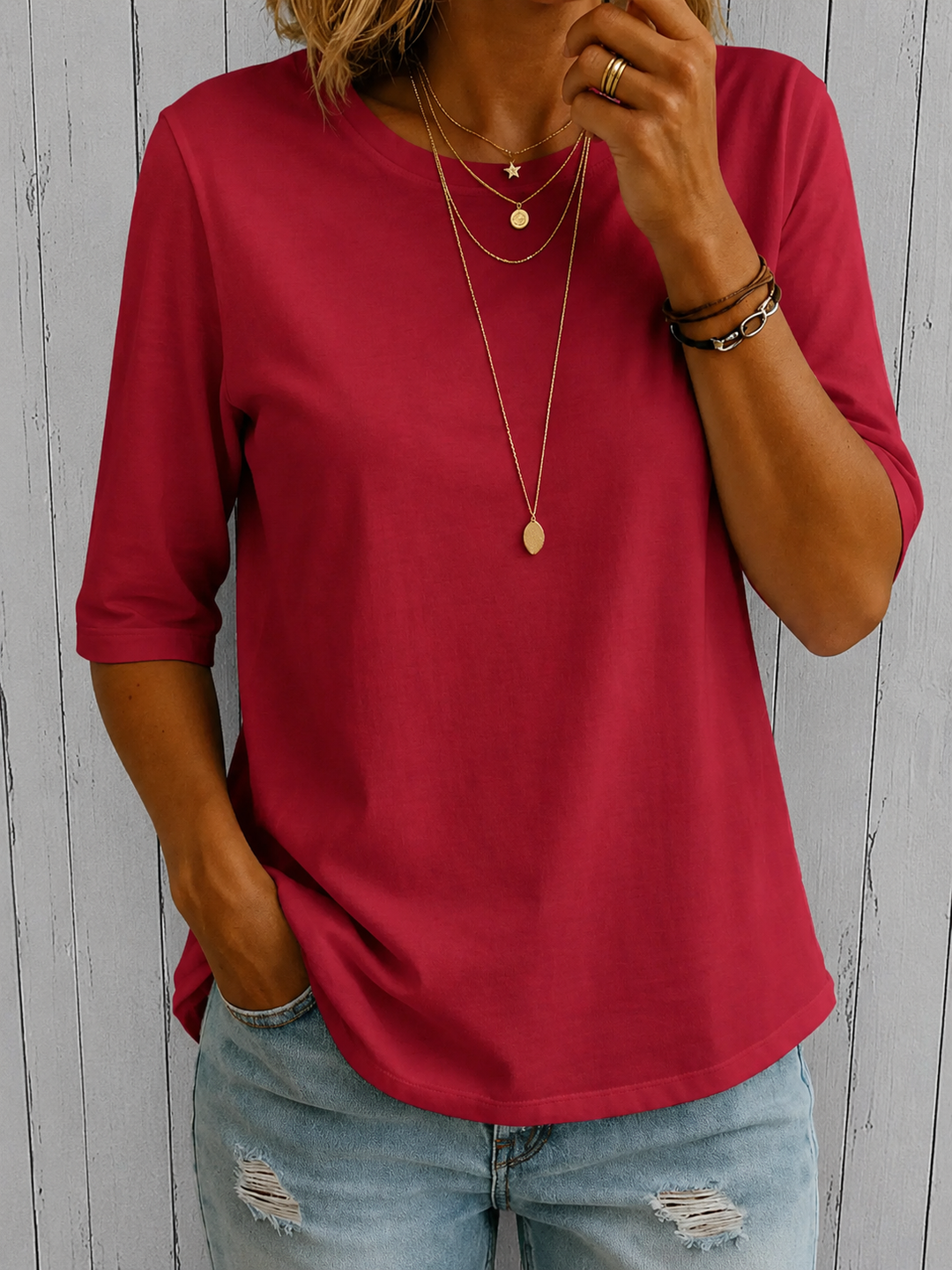 T-shirt femme uni à col rond manches trois-quarts