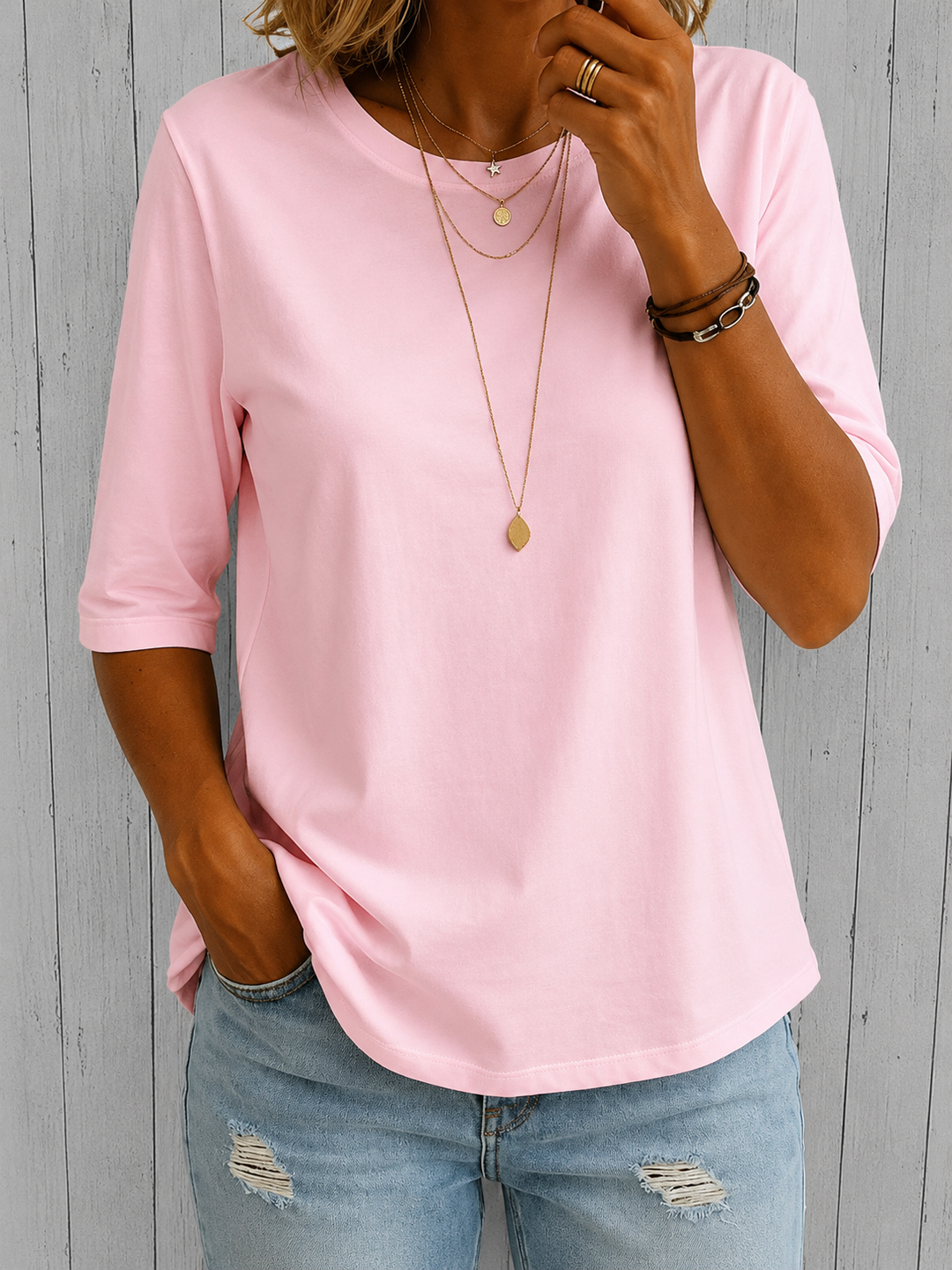 T-shirt femme uni à col rond manches trois-quarts