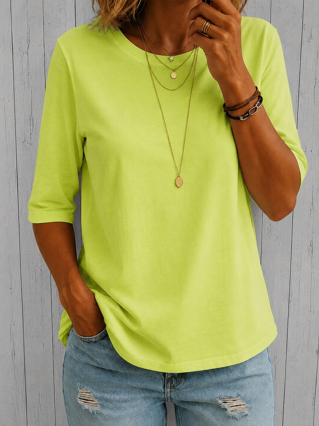 T-shirt femme uni à col rond manches trois-quarts