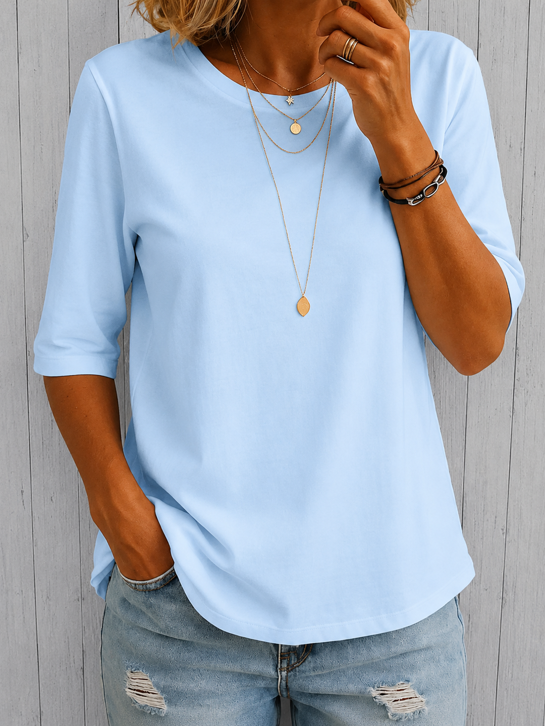 T-shirt femme uni à col rond manches trois-quarts