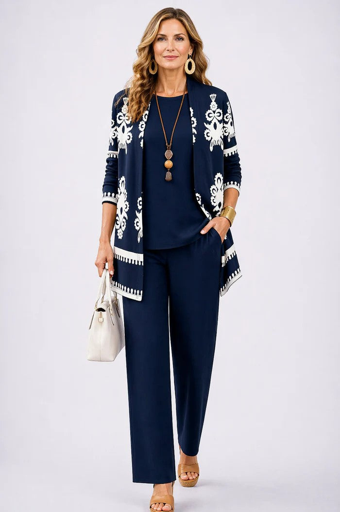 Ensemble trois pièces femme avec cardigan imprimé