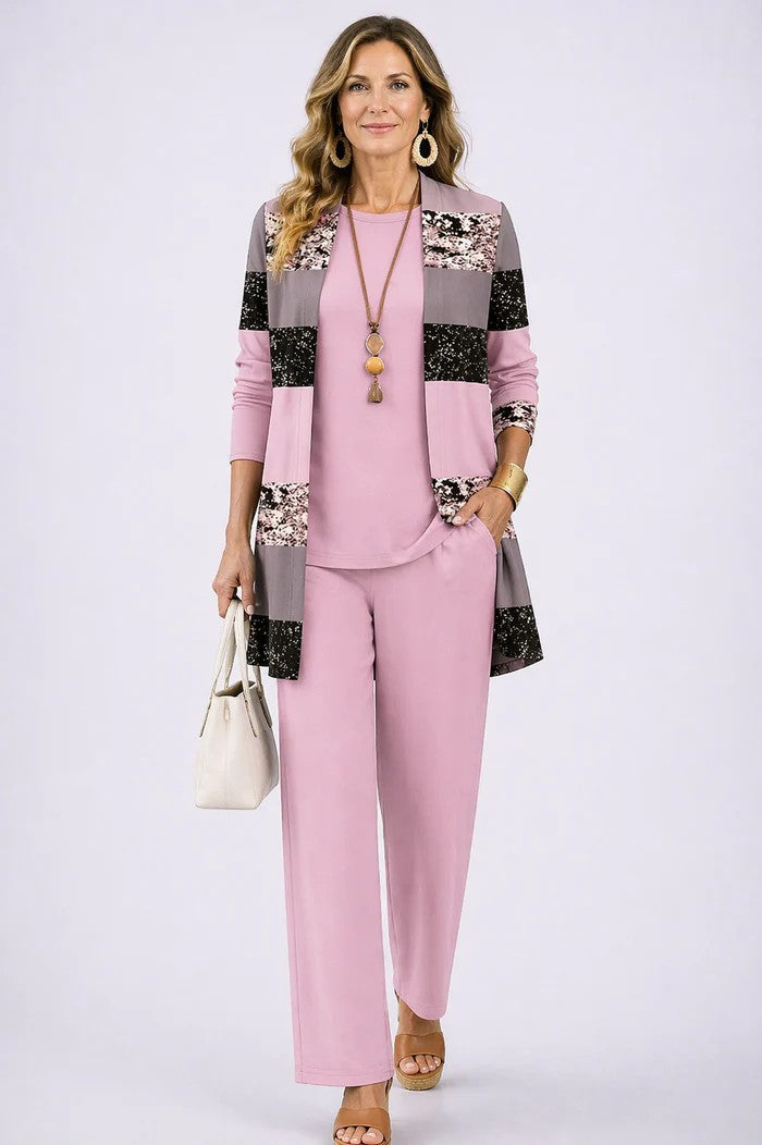 Ensemble trois pièces femme avec cardigan imprimé