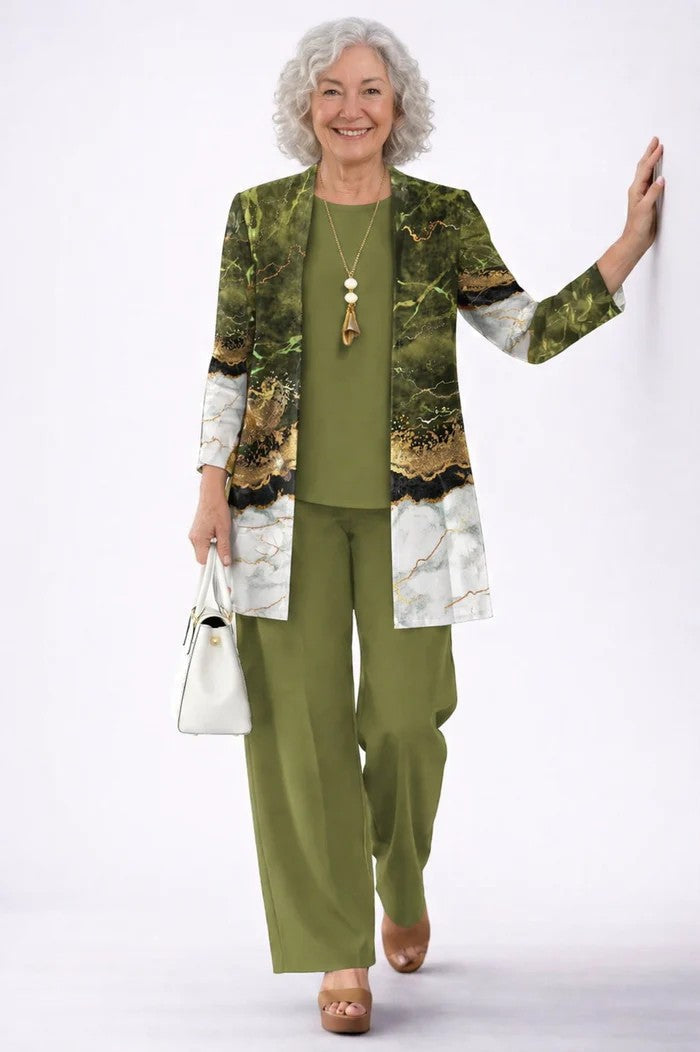 Ensemble trois pièces femme avec cardigan imprimé
