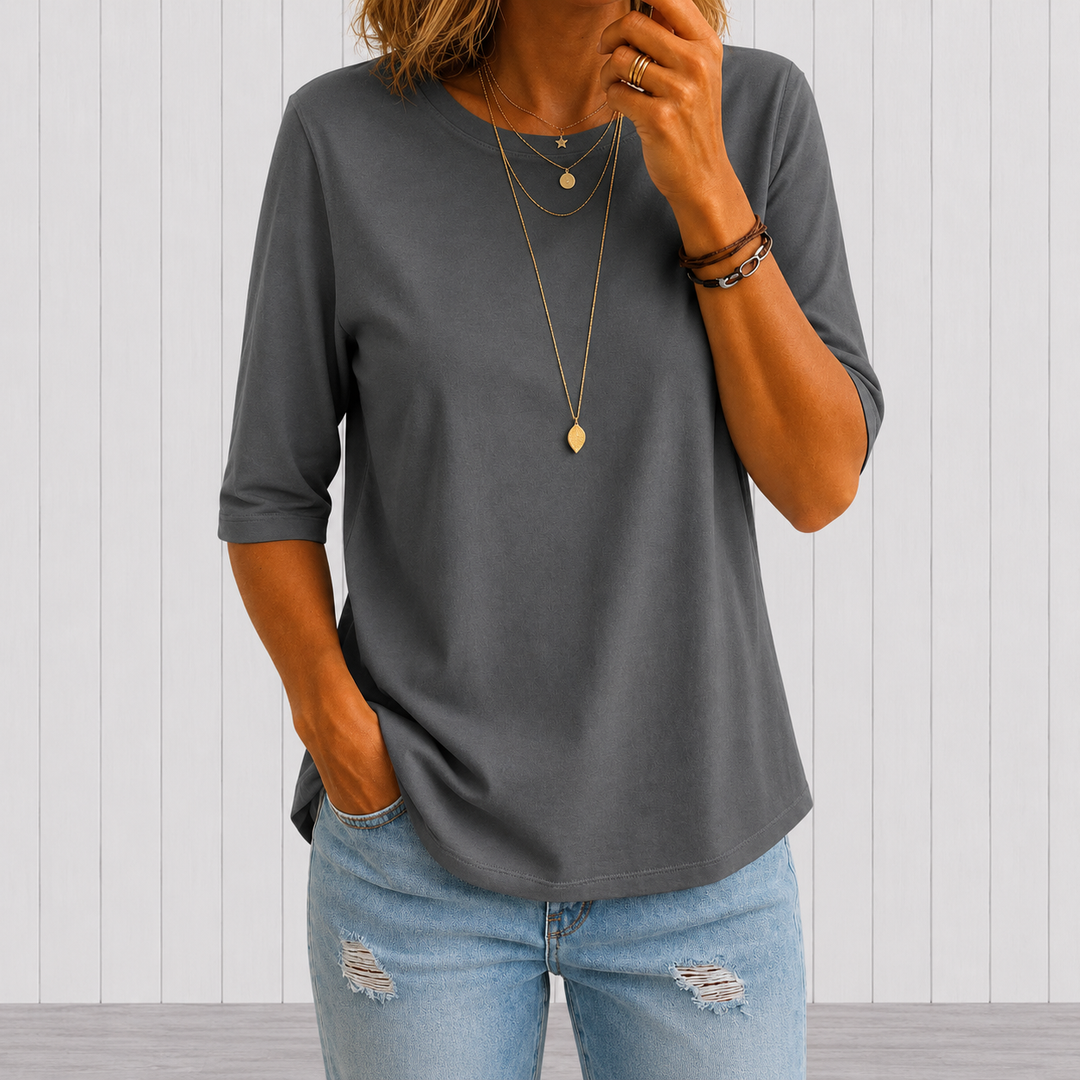 T-shirt femme uni à col rond manches trois-quarts