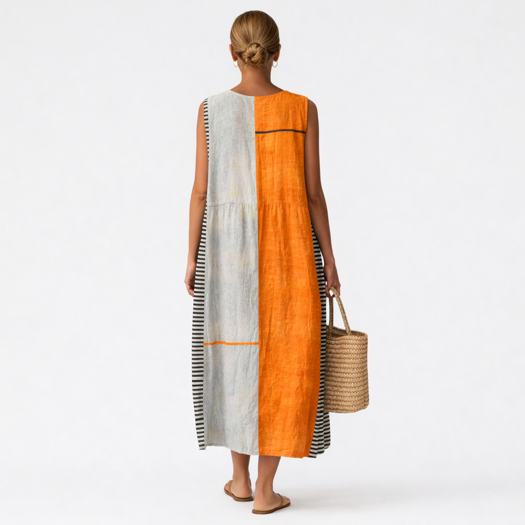 Robe midi femme sans manches color block à rayures