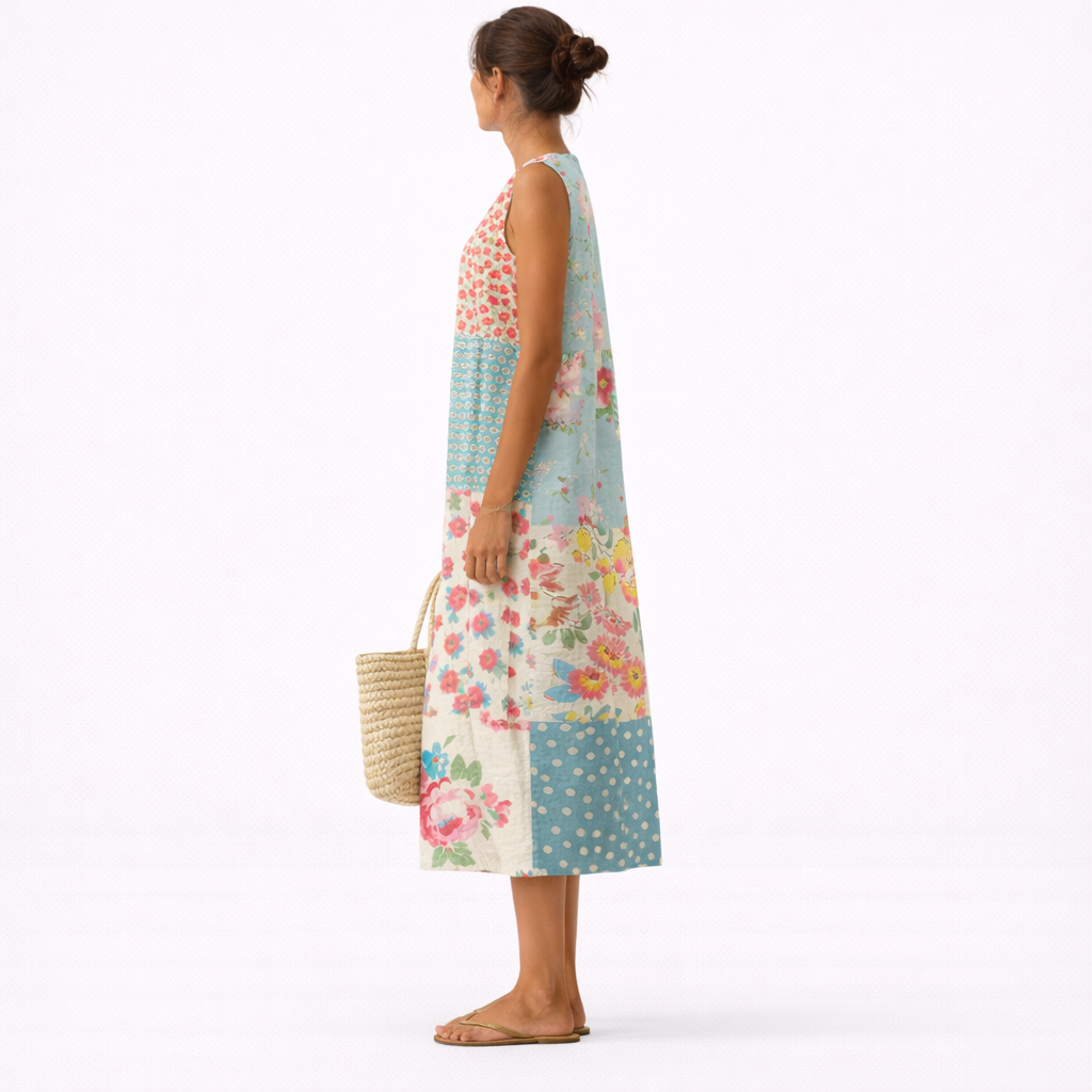 Robe midi femme patchwork fleuri sans manches en coton viscose