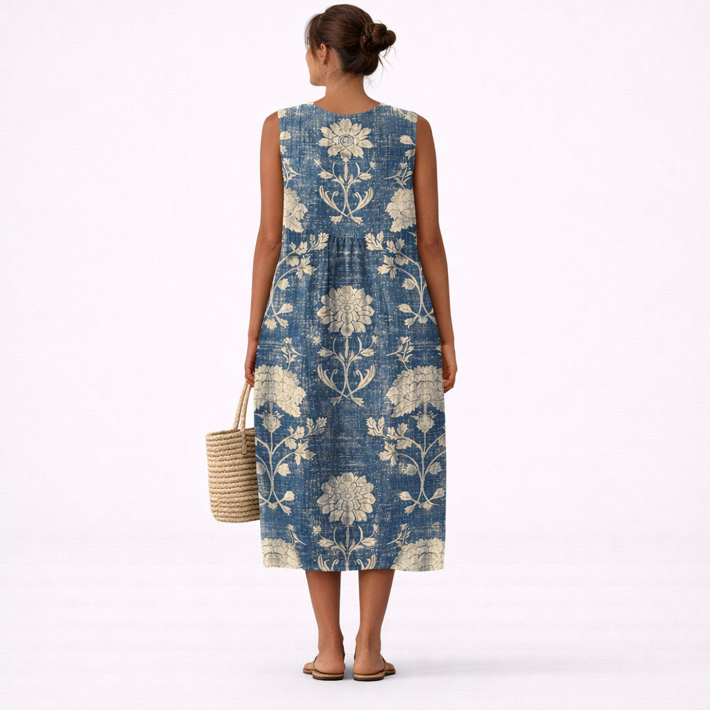 Robe midi femme fleurie sans manches à col rond