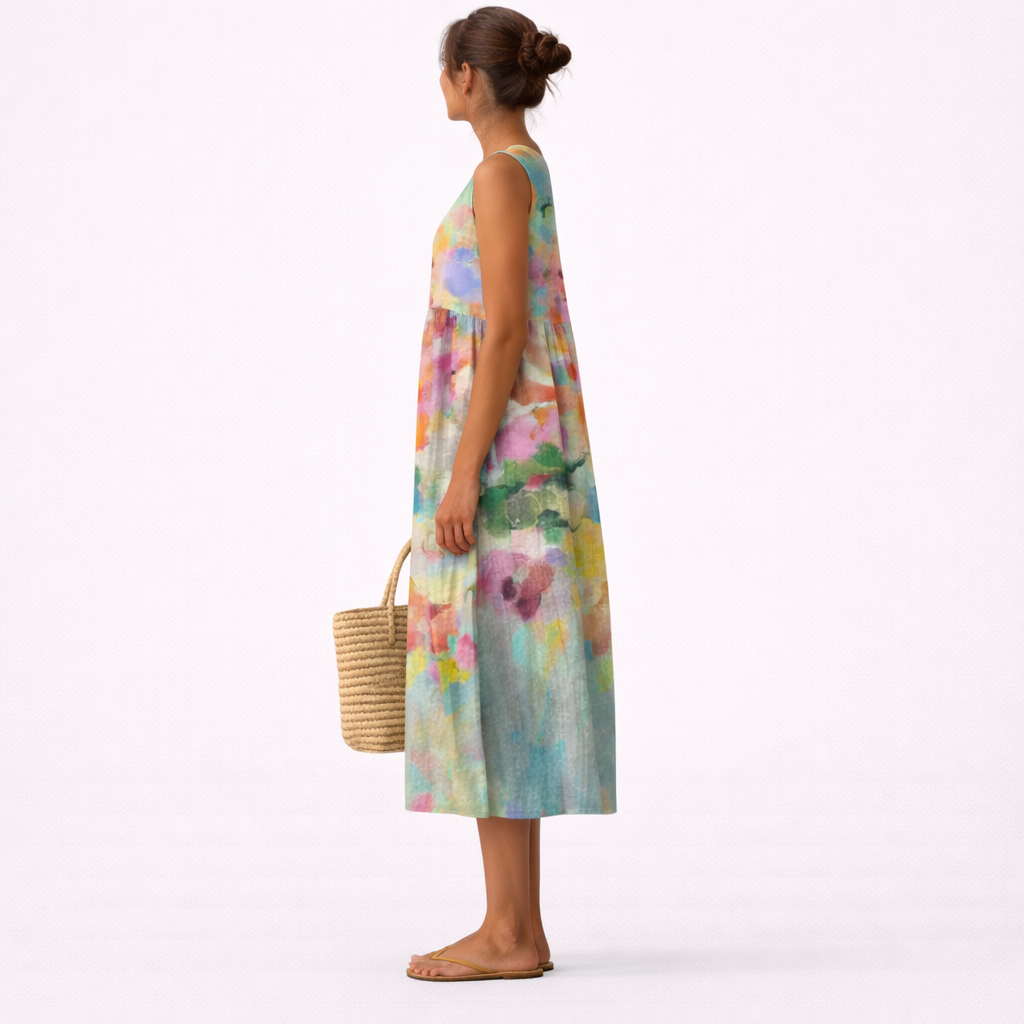 Robe midi femme fleurie multicolore sans manches en coton viscose