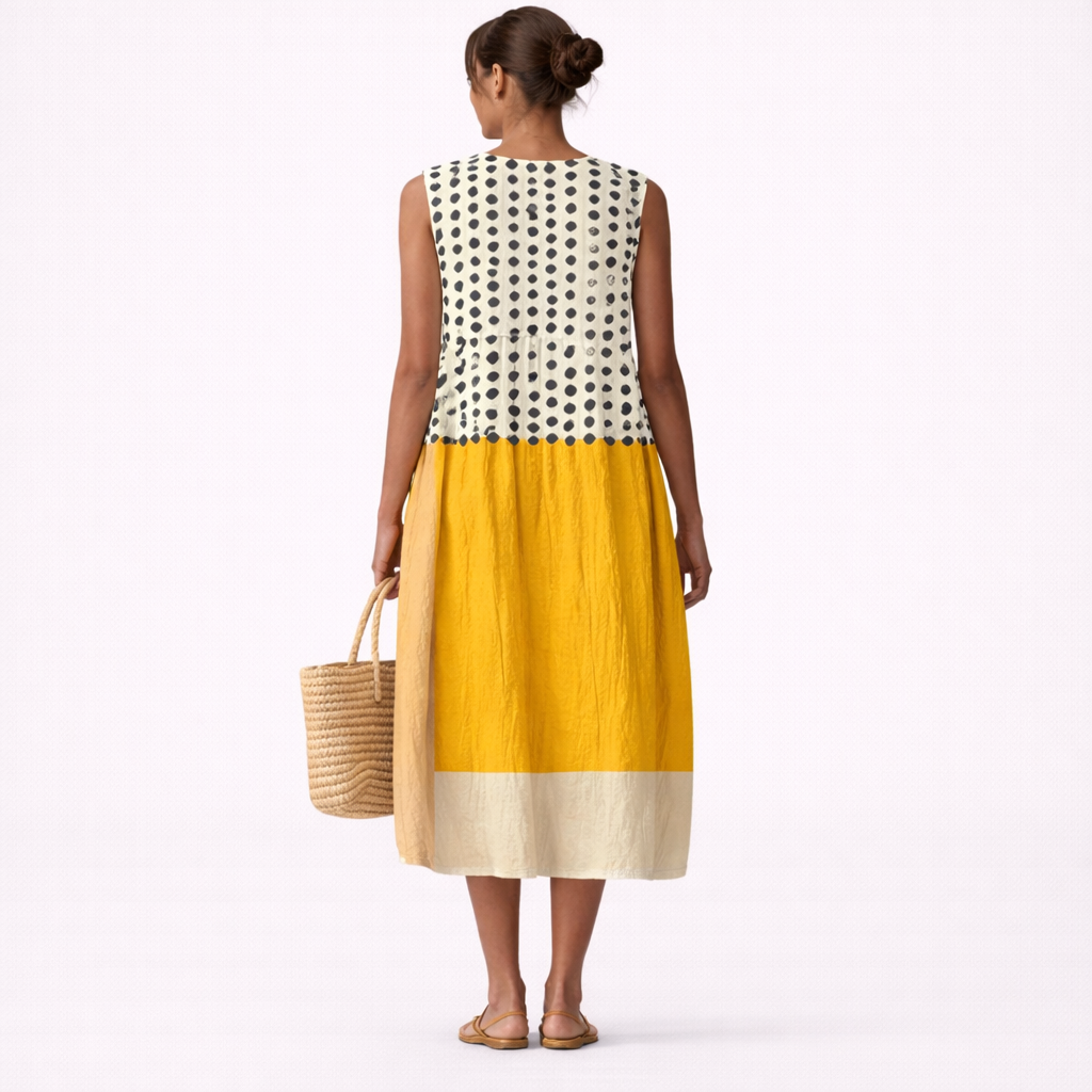 Robe midi femme sans manches à pois et blocs colorés