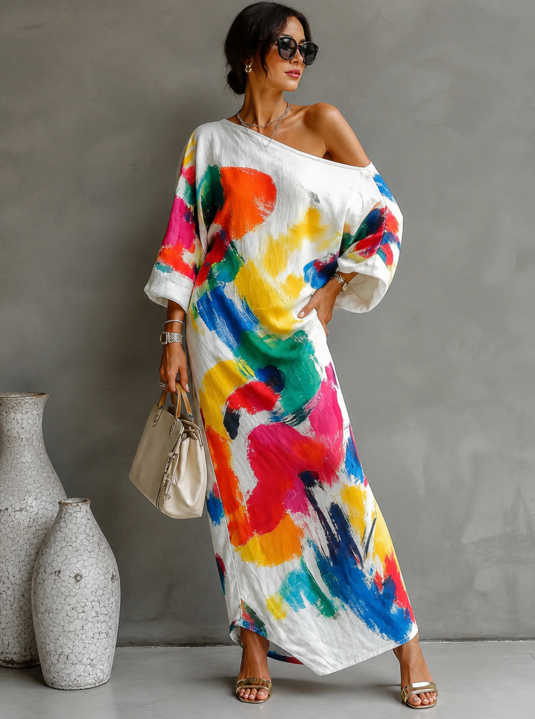 Robe Maxi Asymétrique Artistique à Une Épaule pour Femmes