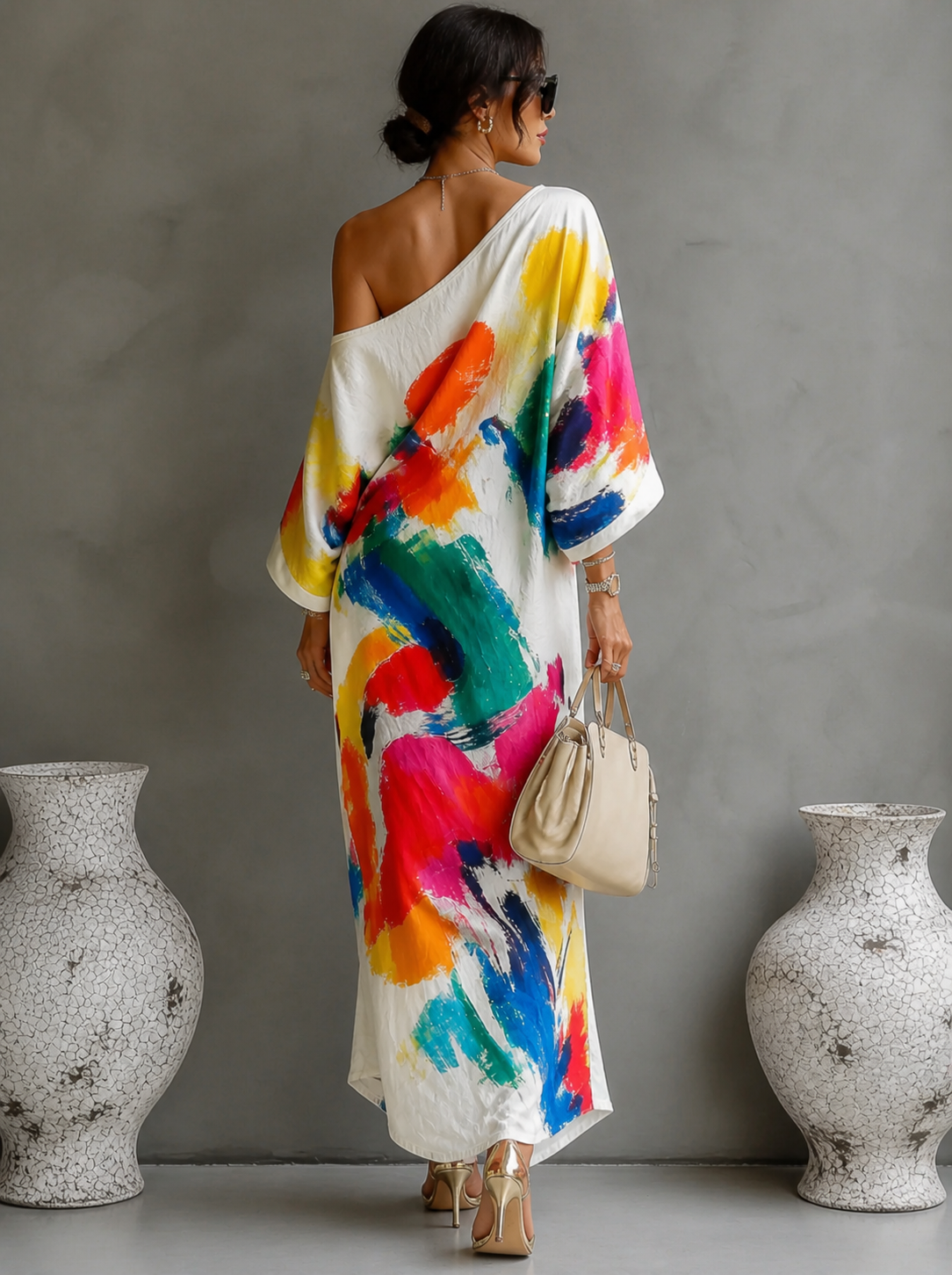 Robe Maxi Asymétrique Artistique à Une Épaule pour Femmes