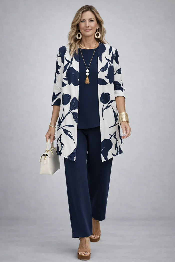 Ensemble trois pièces femme avec cardigan imprimé