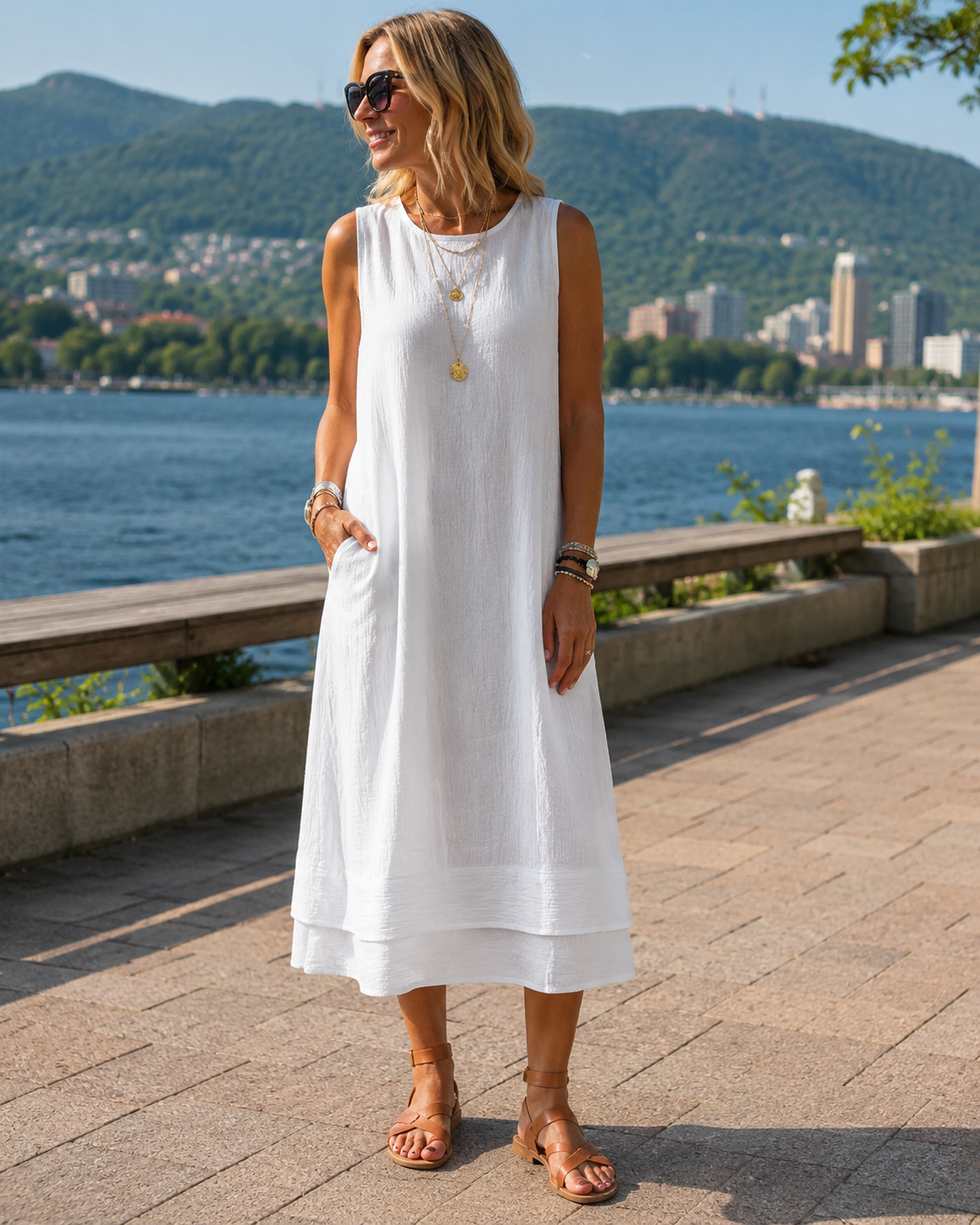 Robe midi femme sans manches à volant et coupe A-line