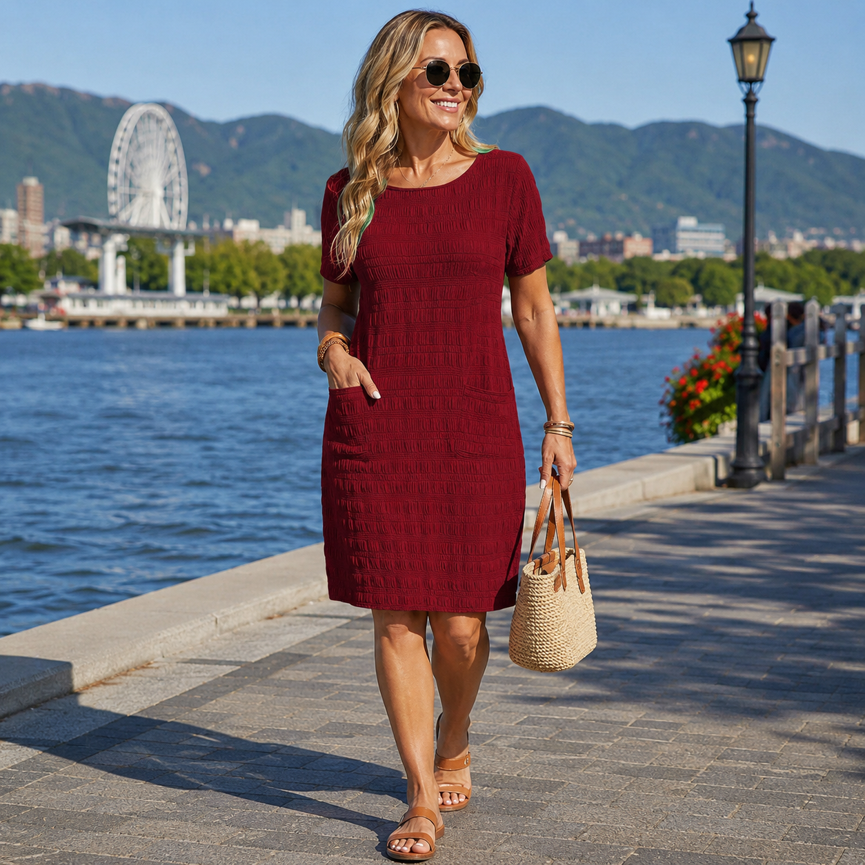 Robe femme texturée à poches et coupe droite confortable