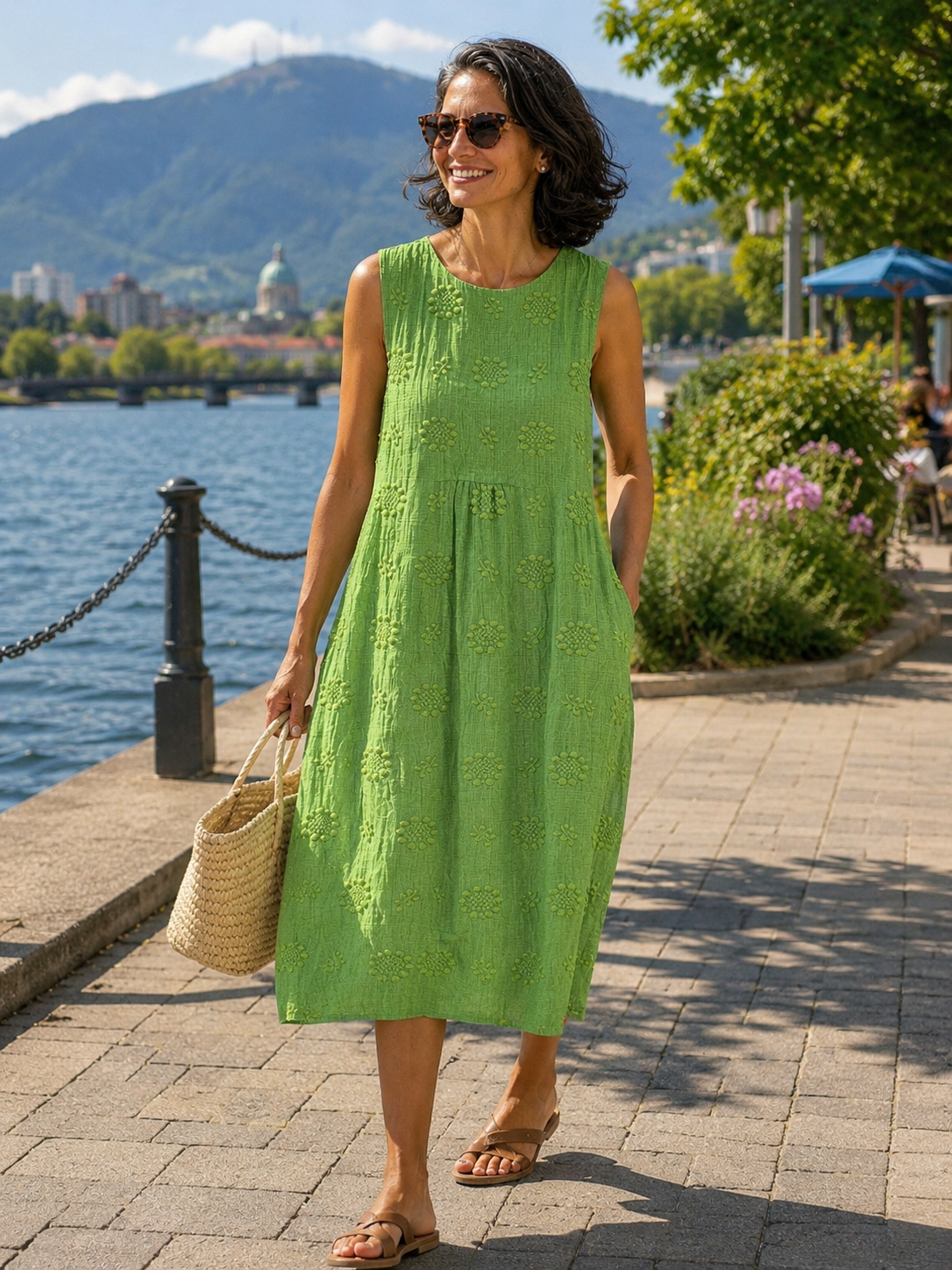Robe midi femme brodée sans manches à coupe fluide