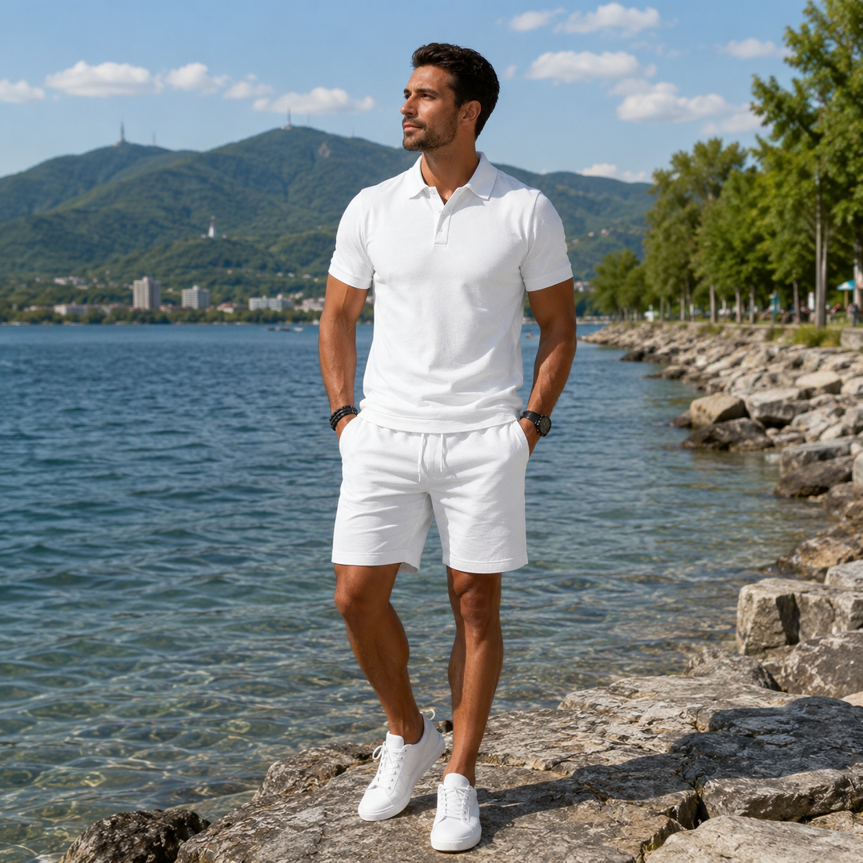 Ensemble homme été avec polo et short à cordon