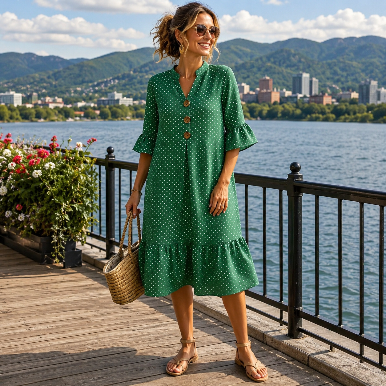 Robe midi femme à pois et manches volantées