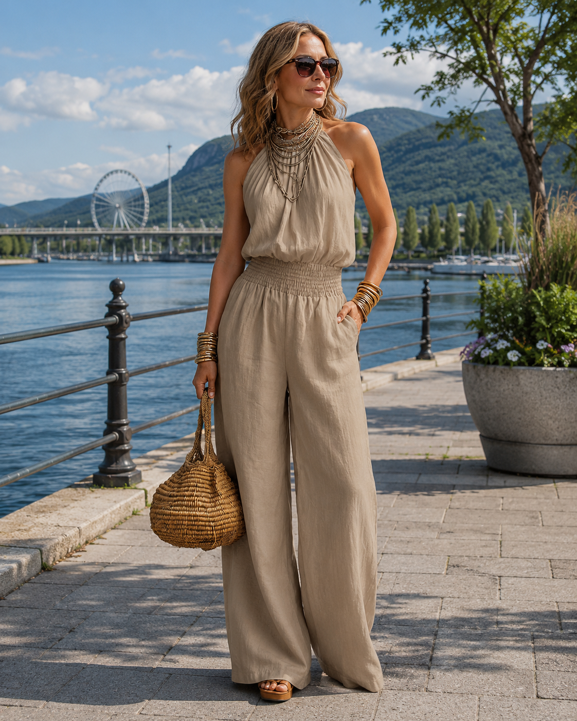 Combinaison femme halter fluide à jambes larges avec taille élastique