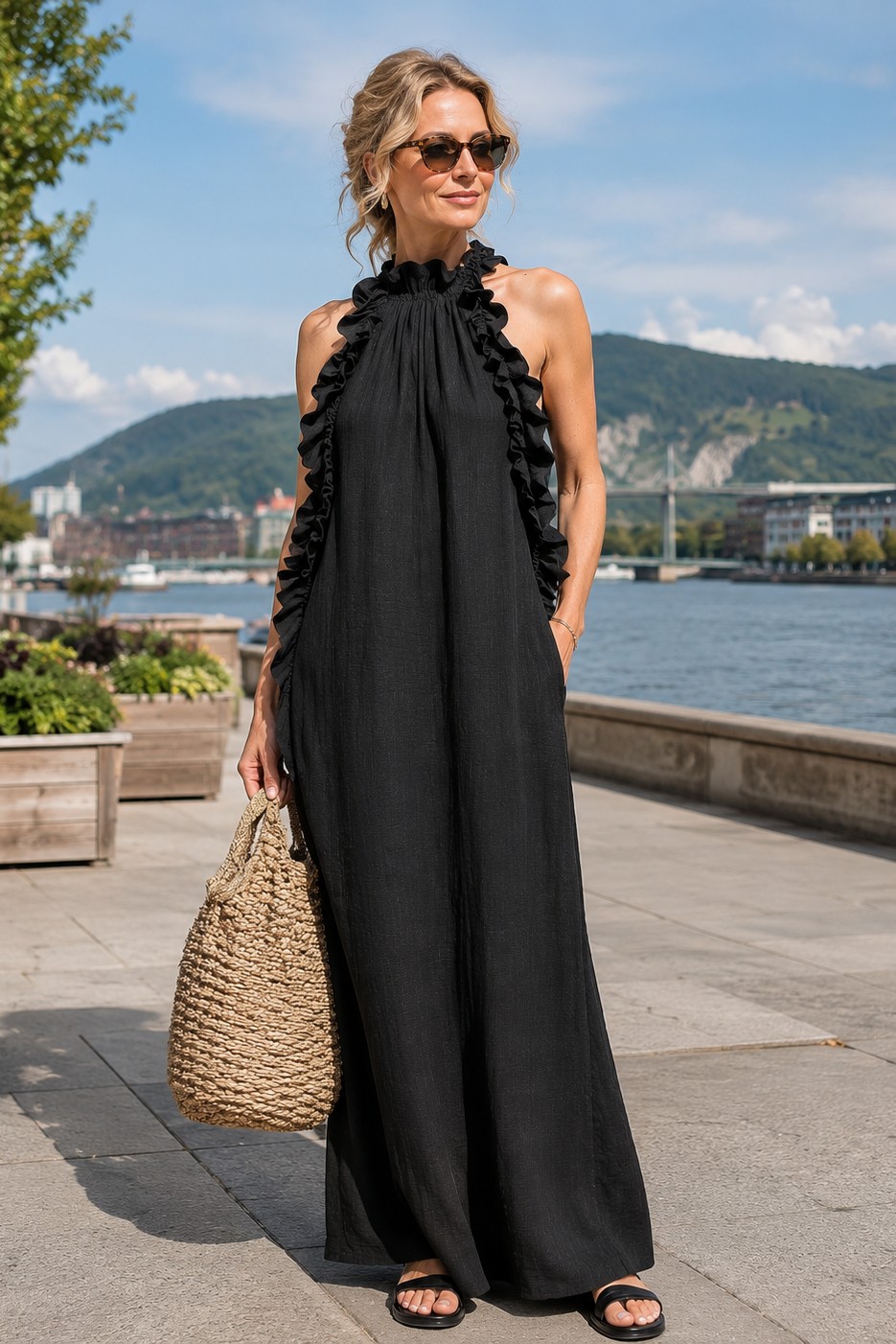 Robe maxi femme sans manches à volants avec poches