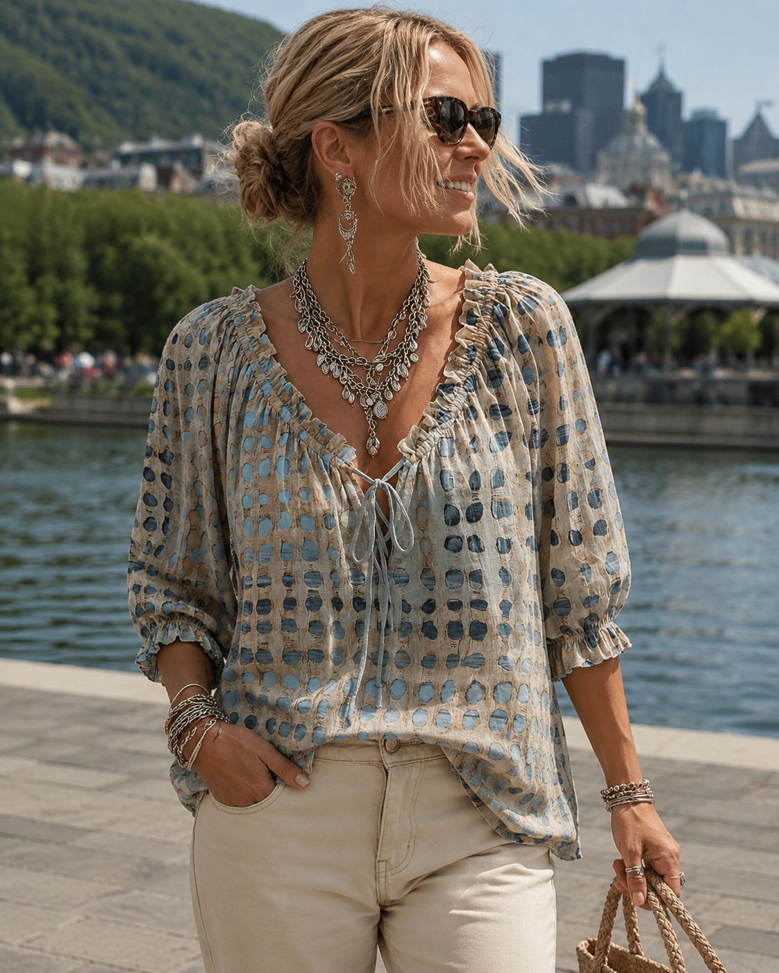 Blouse femme bohème  à pois avec col V noué