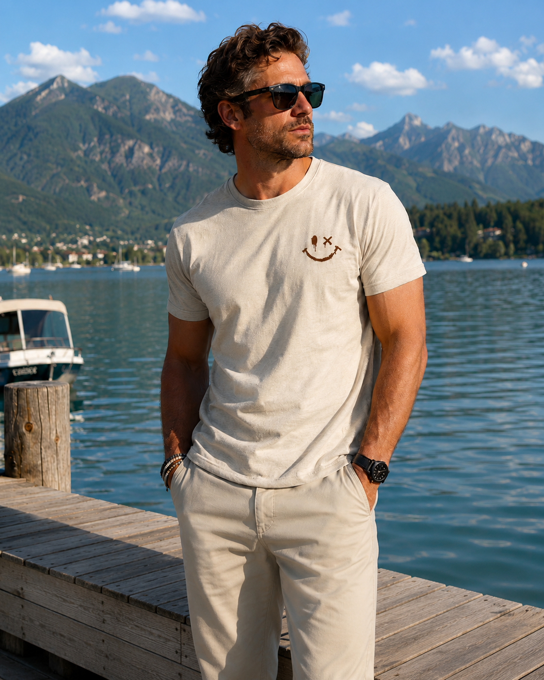 T-shirt homme imprimé smiley coucher de soleil et palmiers